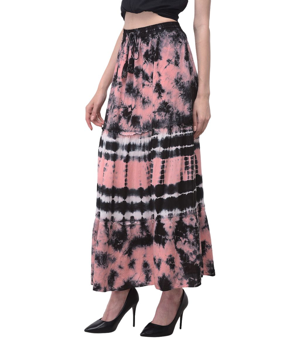 Rayon Stripped Tie Dye Elastic Waist Peach Skirt For Women