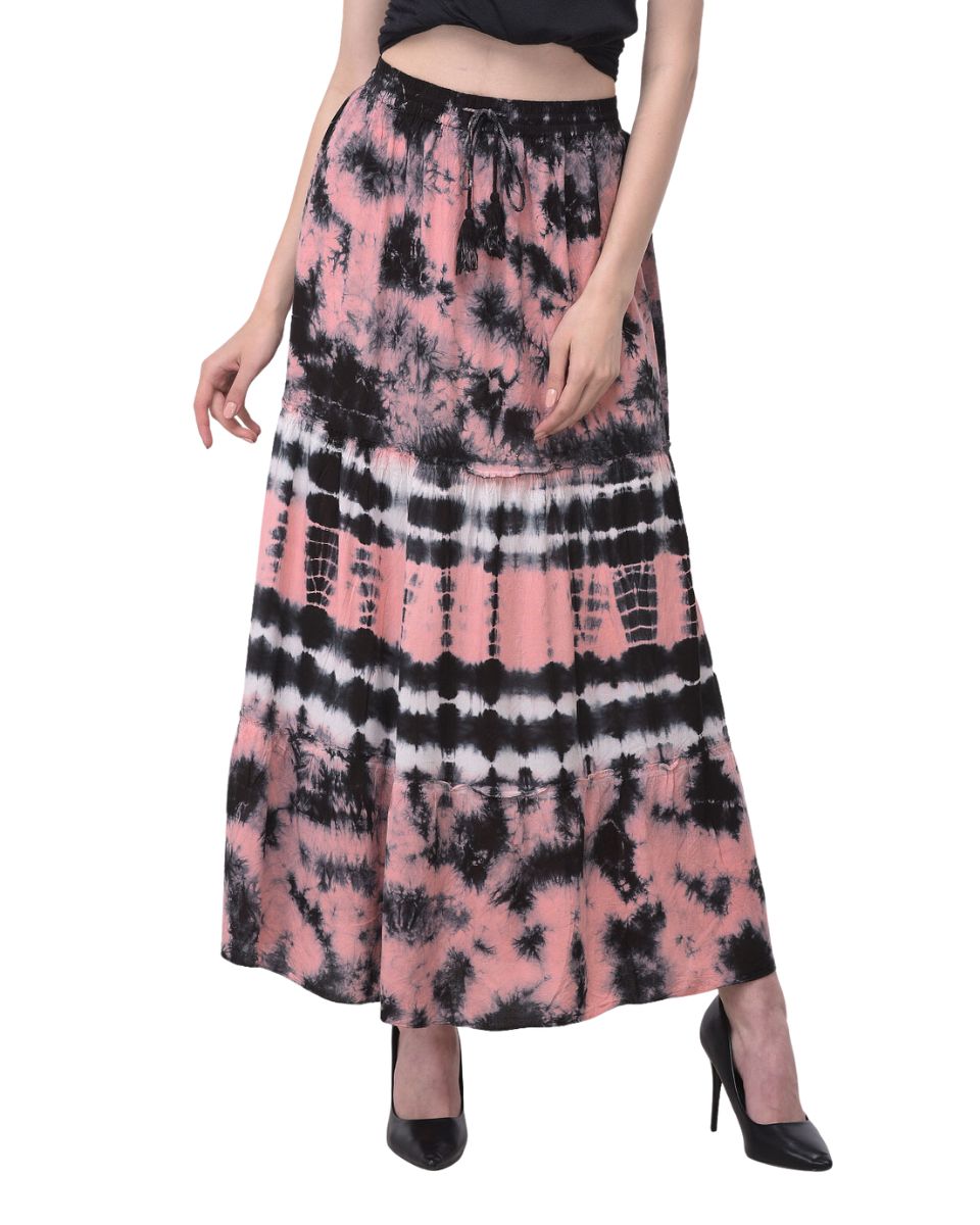 Rayon Stripped Tie Dye Elastic Waist Peach Skirt For Women