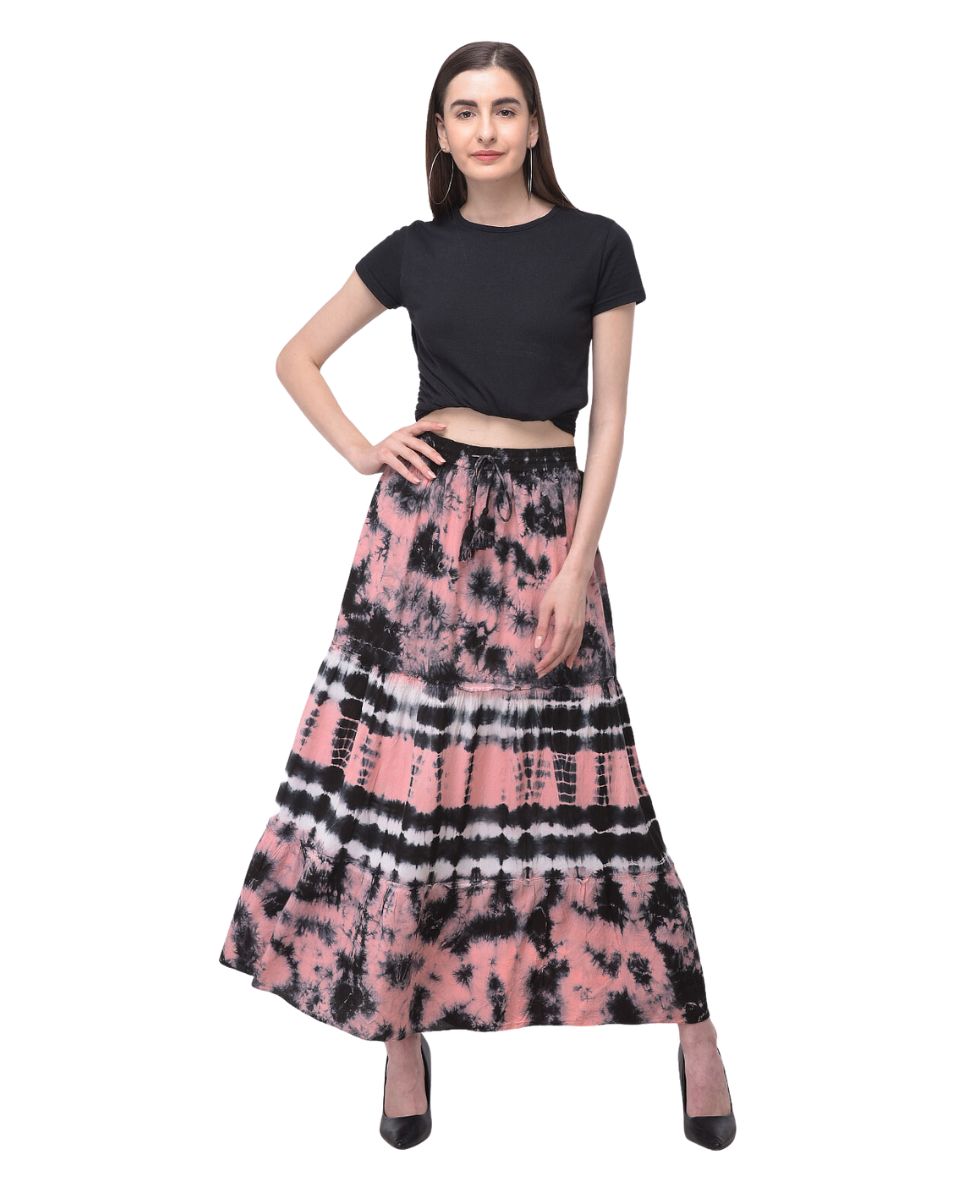 Rayon Stripped Tie Dye Elastic Waist Peach Skirt For Women