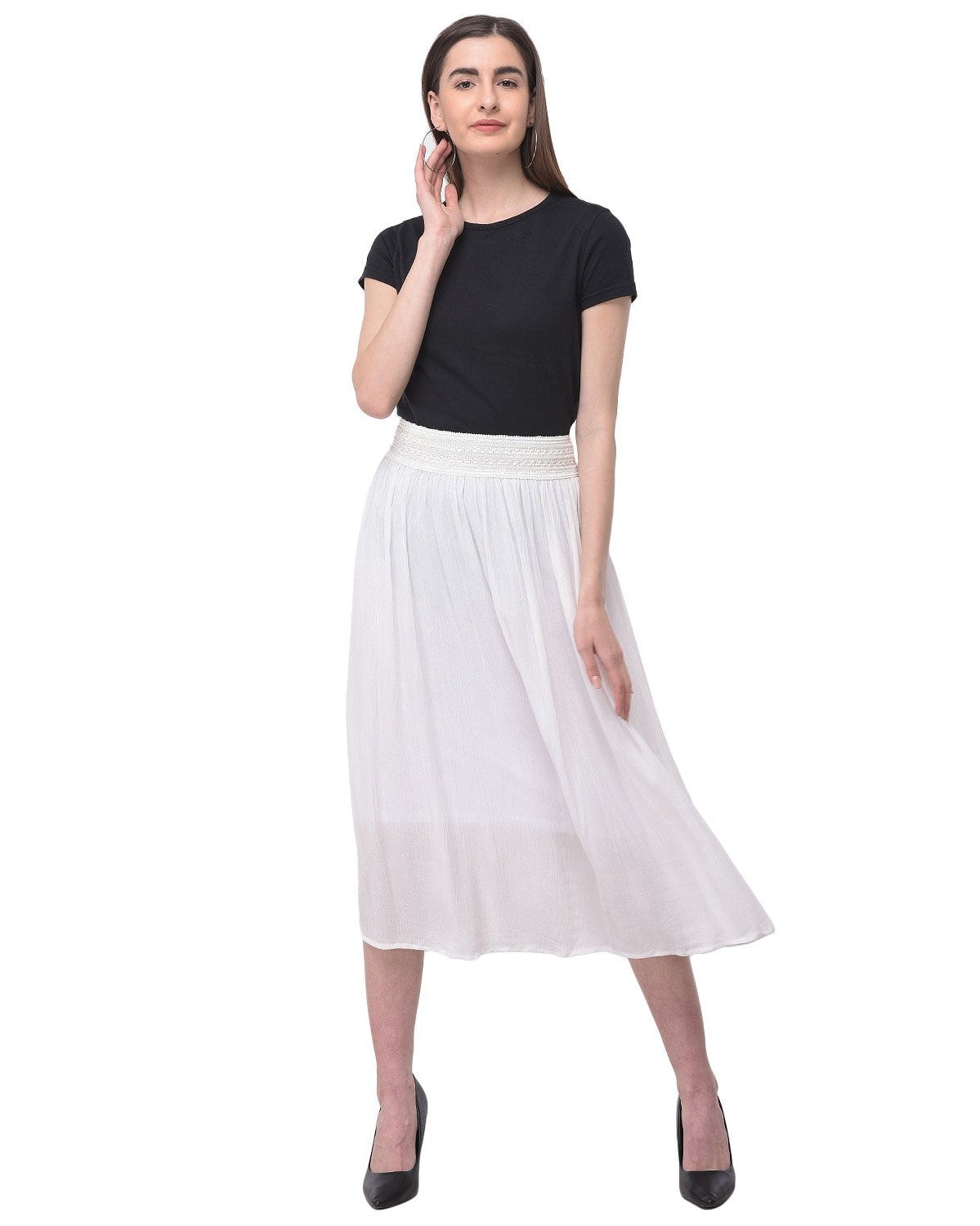 Solid White Knee Length Rayon Skirt For Women