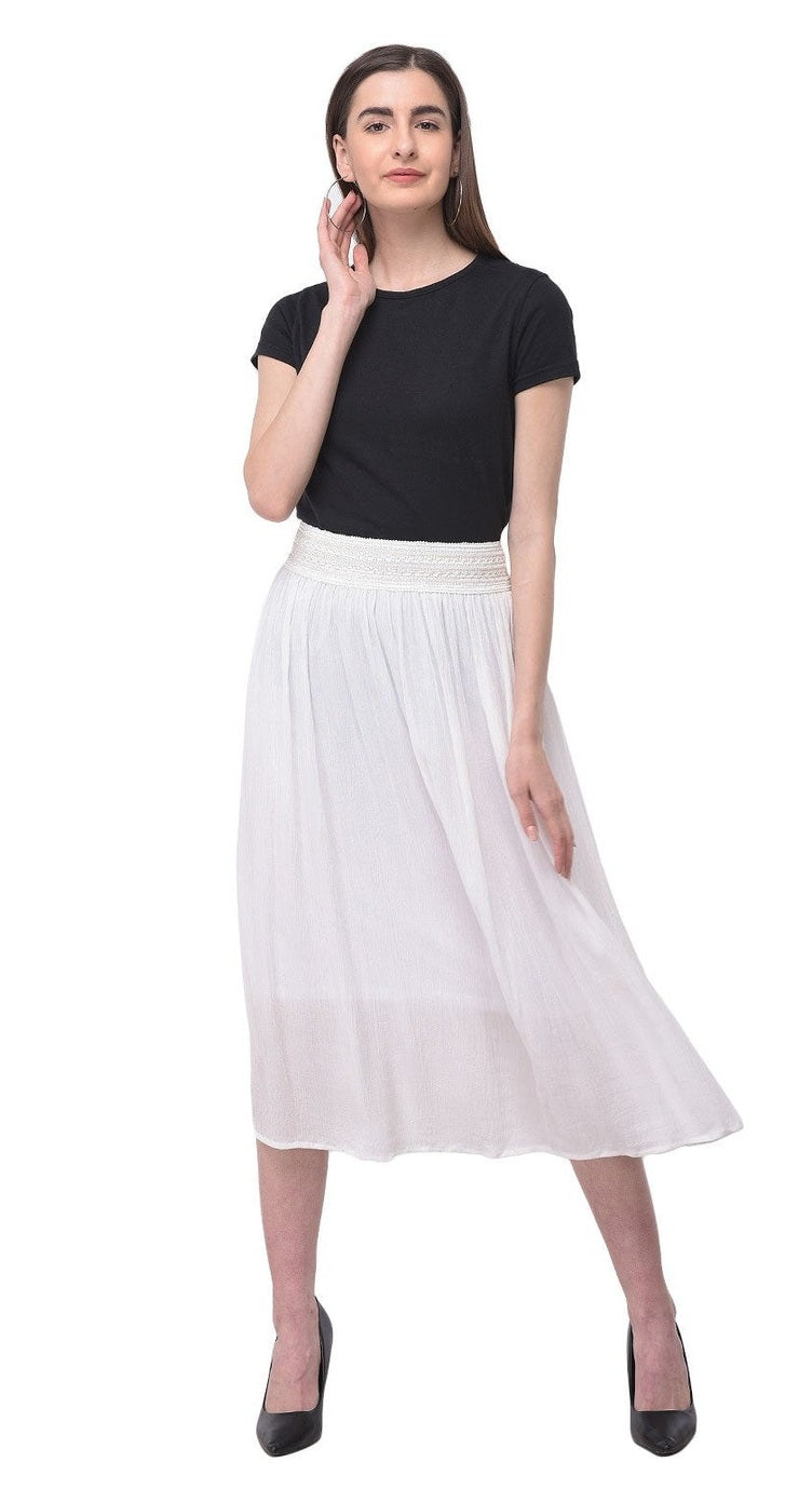 White Rayon Knee Length Midi Skirt for Women Casual Wear - S M L XL - SKU BA001 S - Gypsie Blu