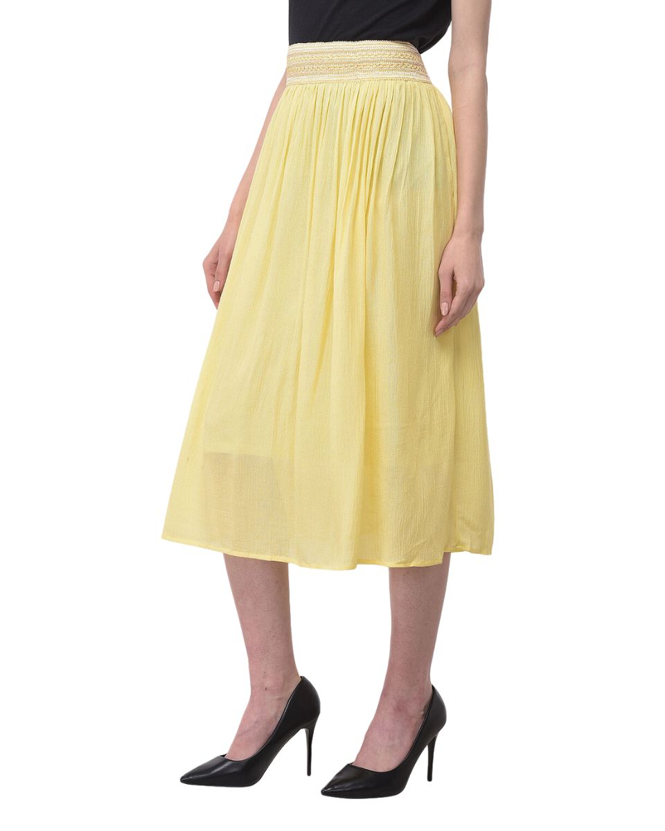 Elastic Waist Stripped Pleated Yellow Rayon Skirt For Women