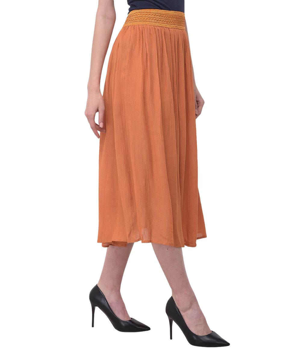 Orange Solid Rayon Gauze Pattern Skirt For Women