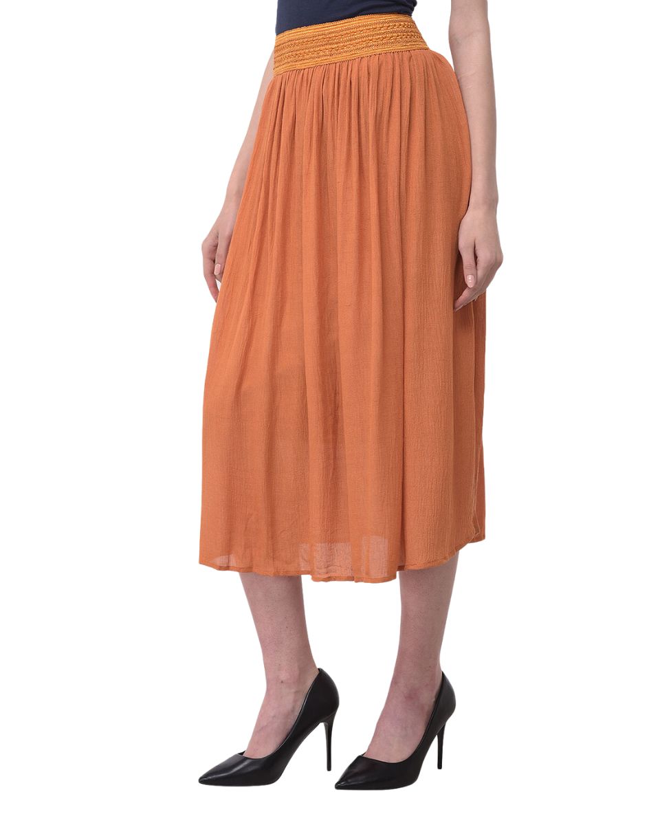 Orange Solid Rayon Gauze Pattern Skirt For Women