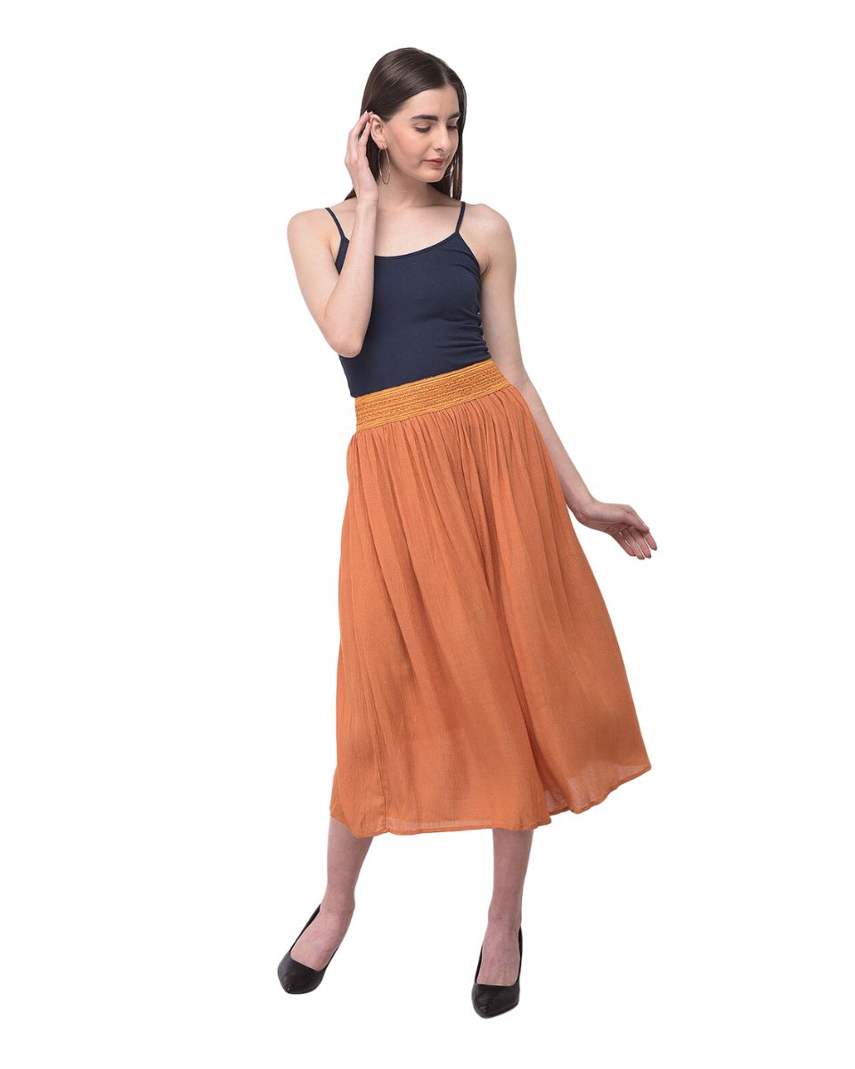 Orange Solid Rayon Gauze Pattern Skirt For Women