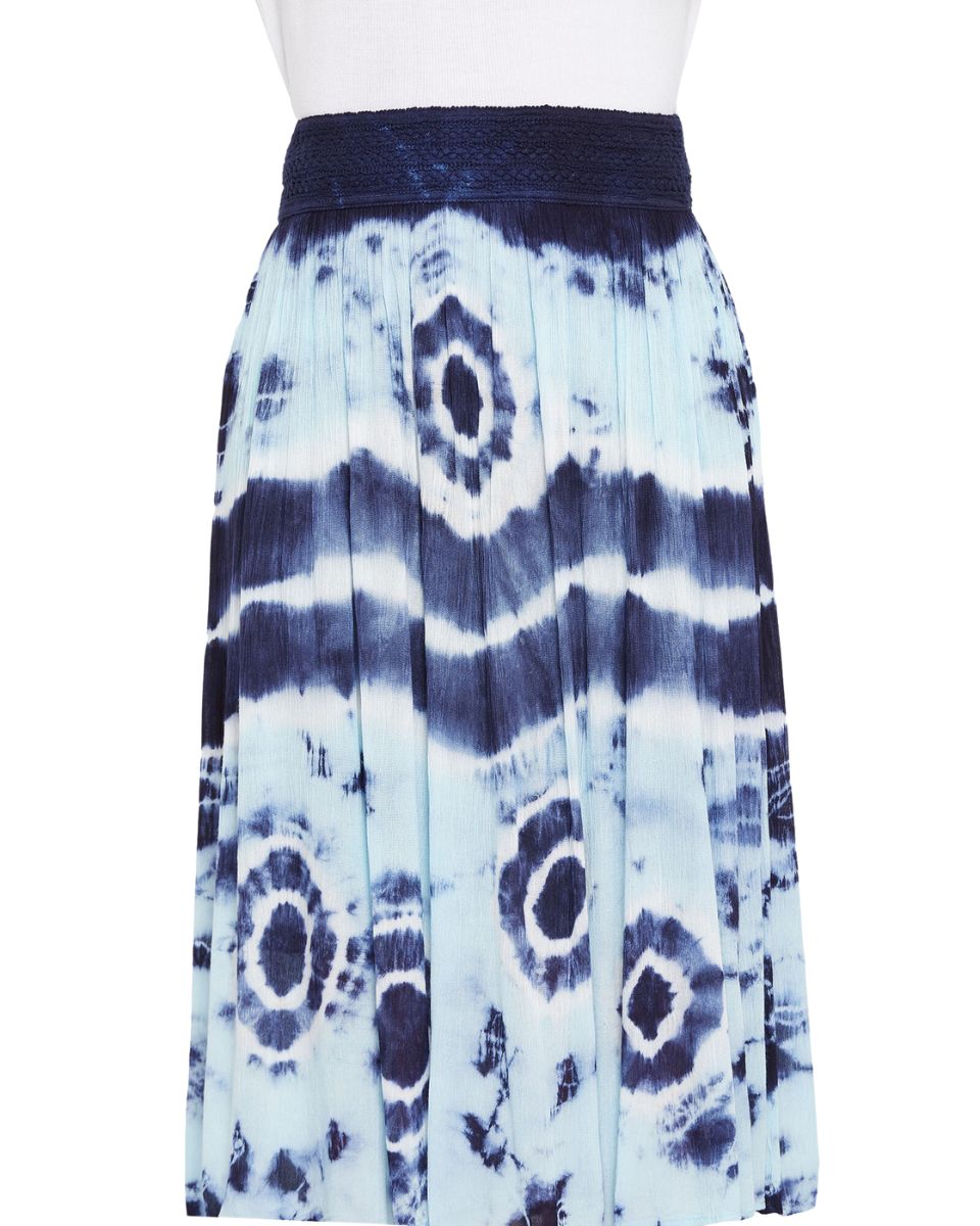 Navy Blue Elastic Waist Stripped Rayon Midi Skirt For Women