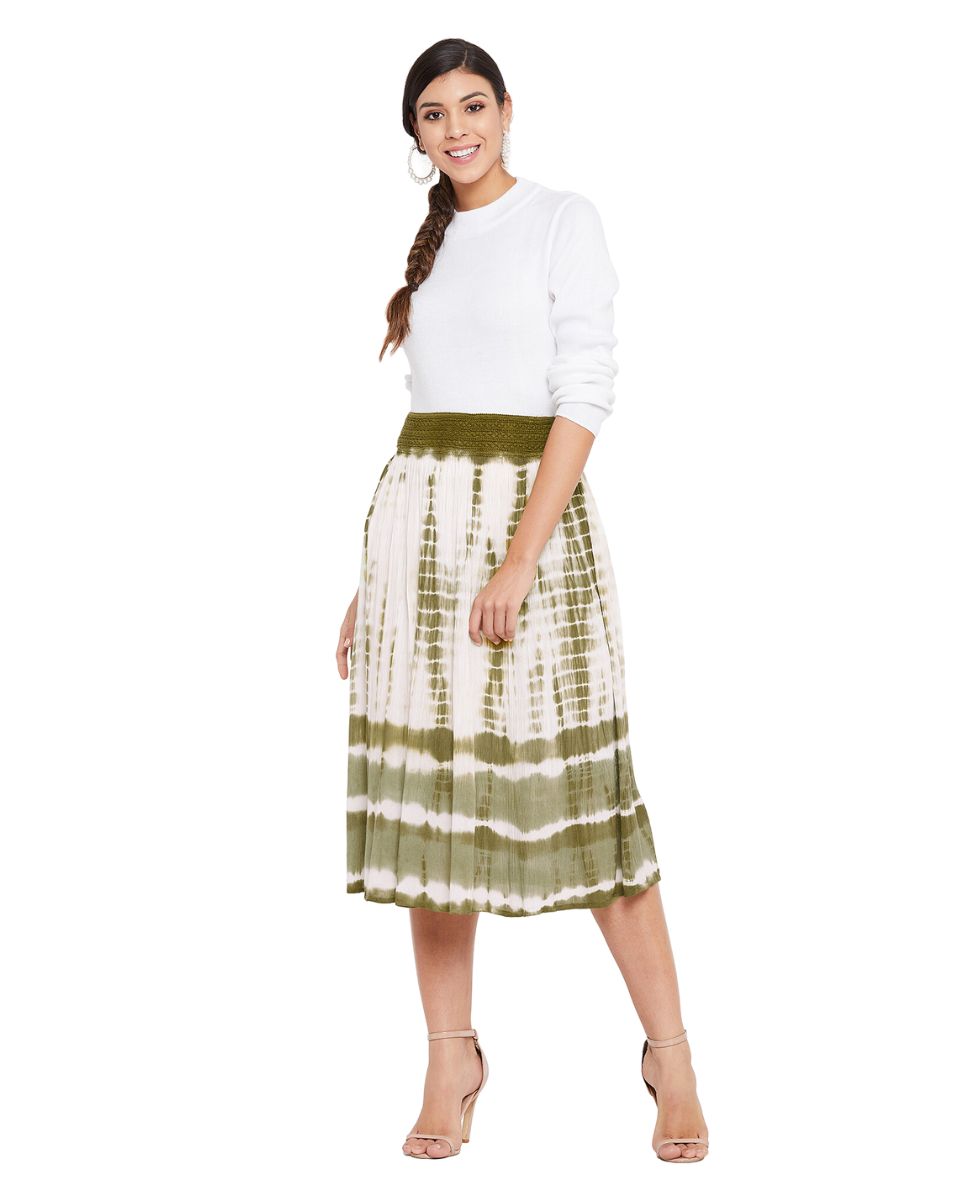 Olive Elastic Waist Stripped Tie Dye Polyester Midi Skirt For Women