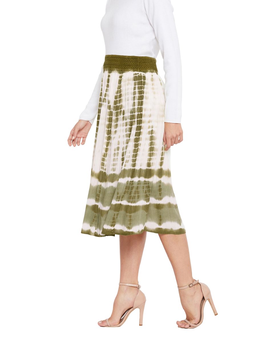 Olive Elastic Waist Stripped Tie Dye Polyester Midi Skirt For Women