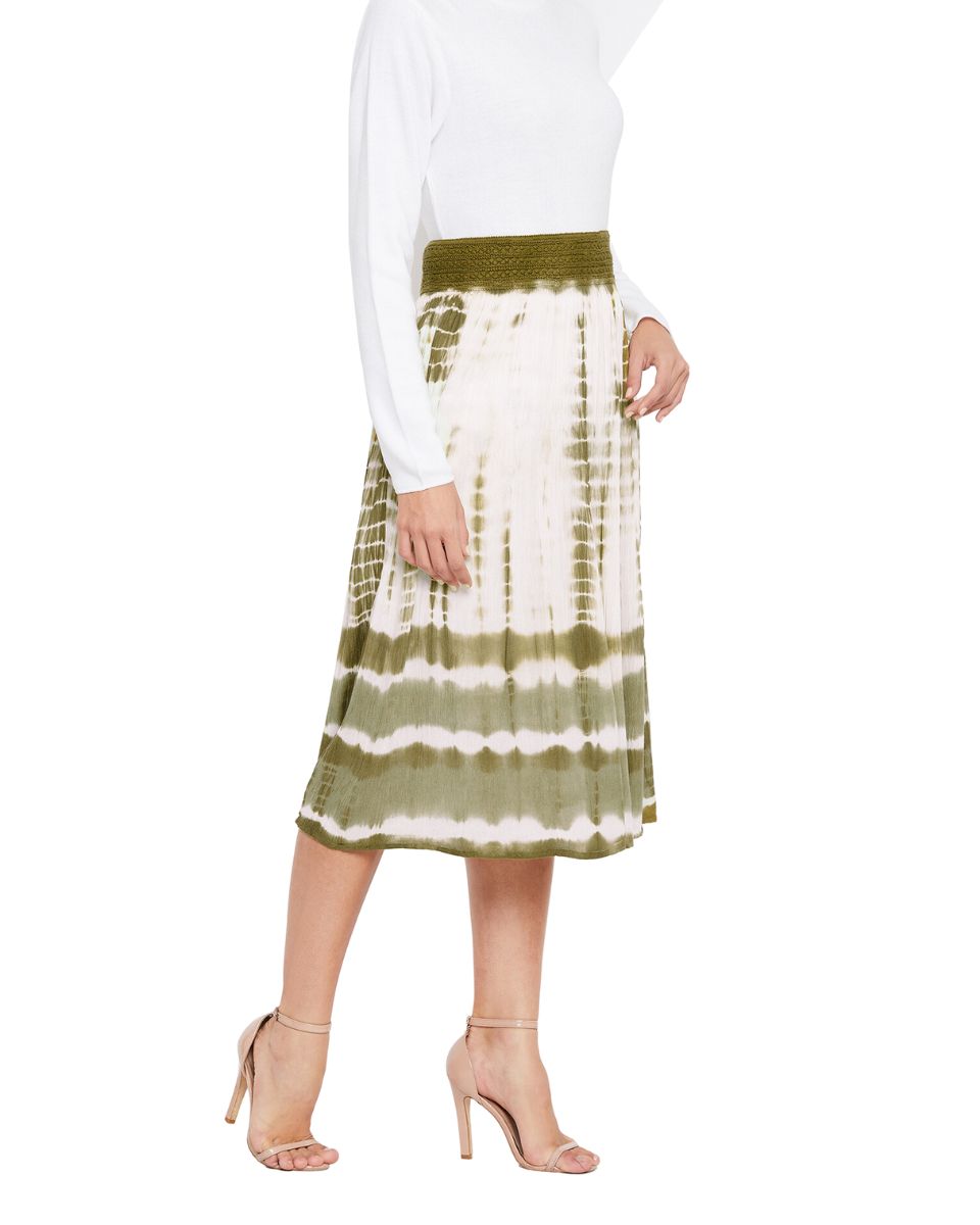 Olive Elastic Waist Stripped Tie Dye Polyester Midi Skirt For Women