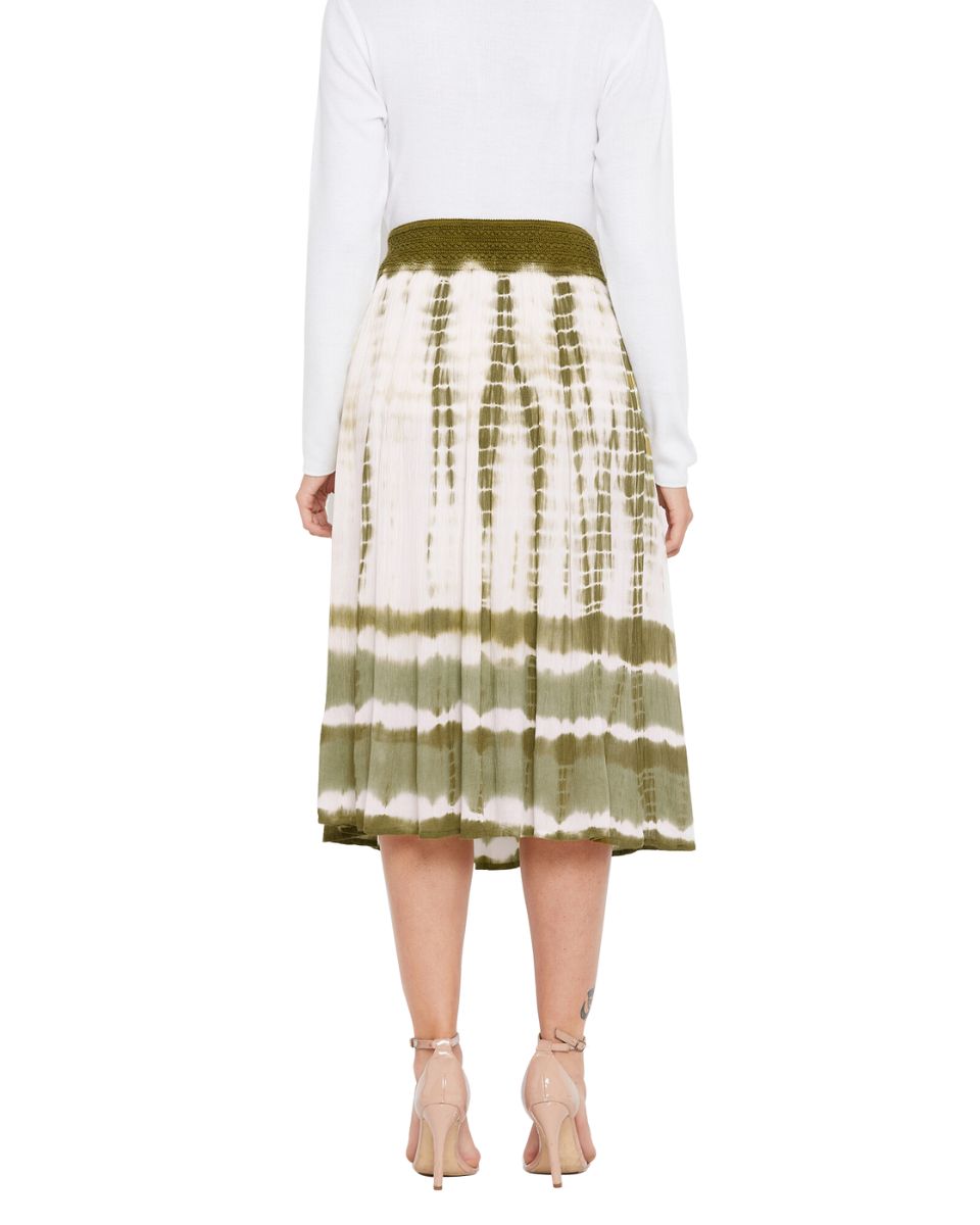 Olive Elastic Waist Stripped Tie Dye Polyester Midi Skirt For Women