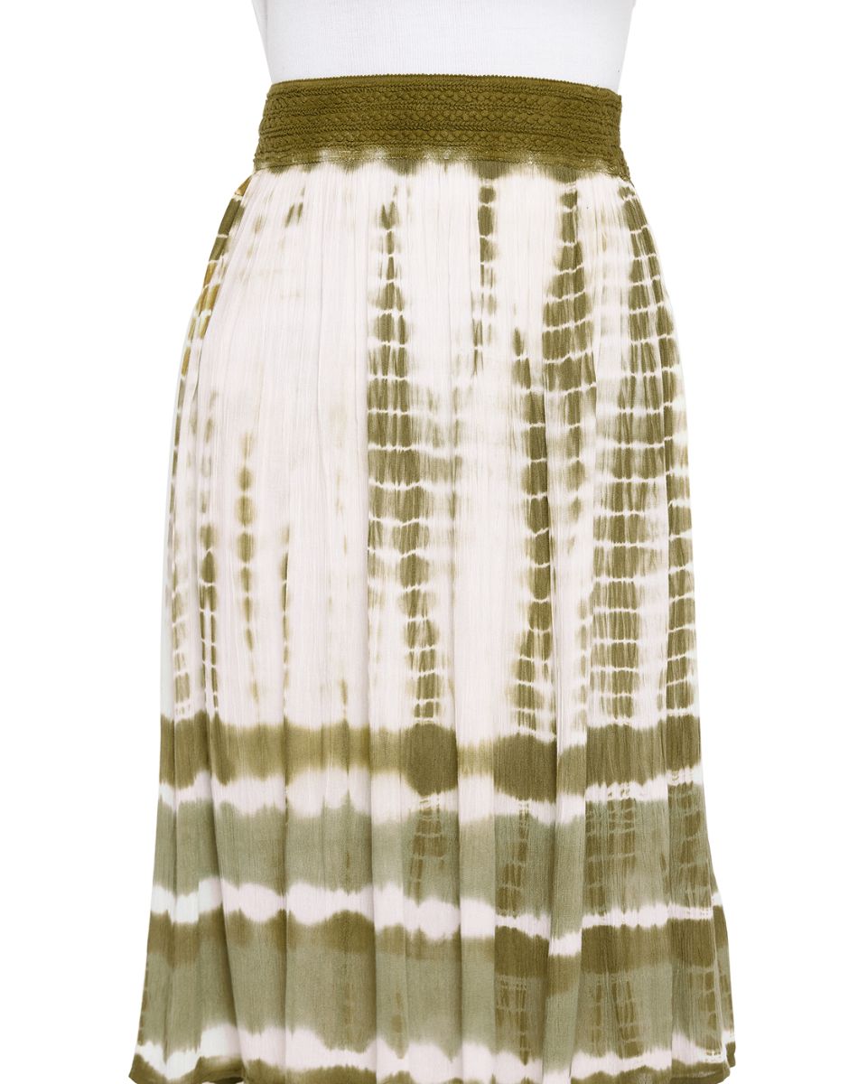 Olive Elastic Waist Stripped Tie Dye Polyester Midi Skirt For Women