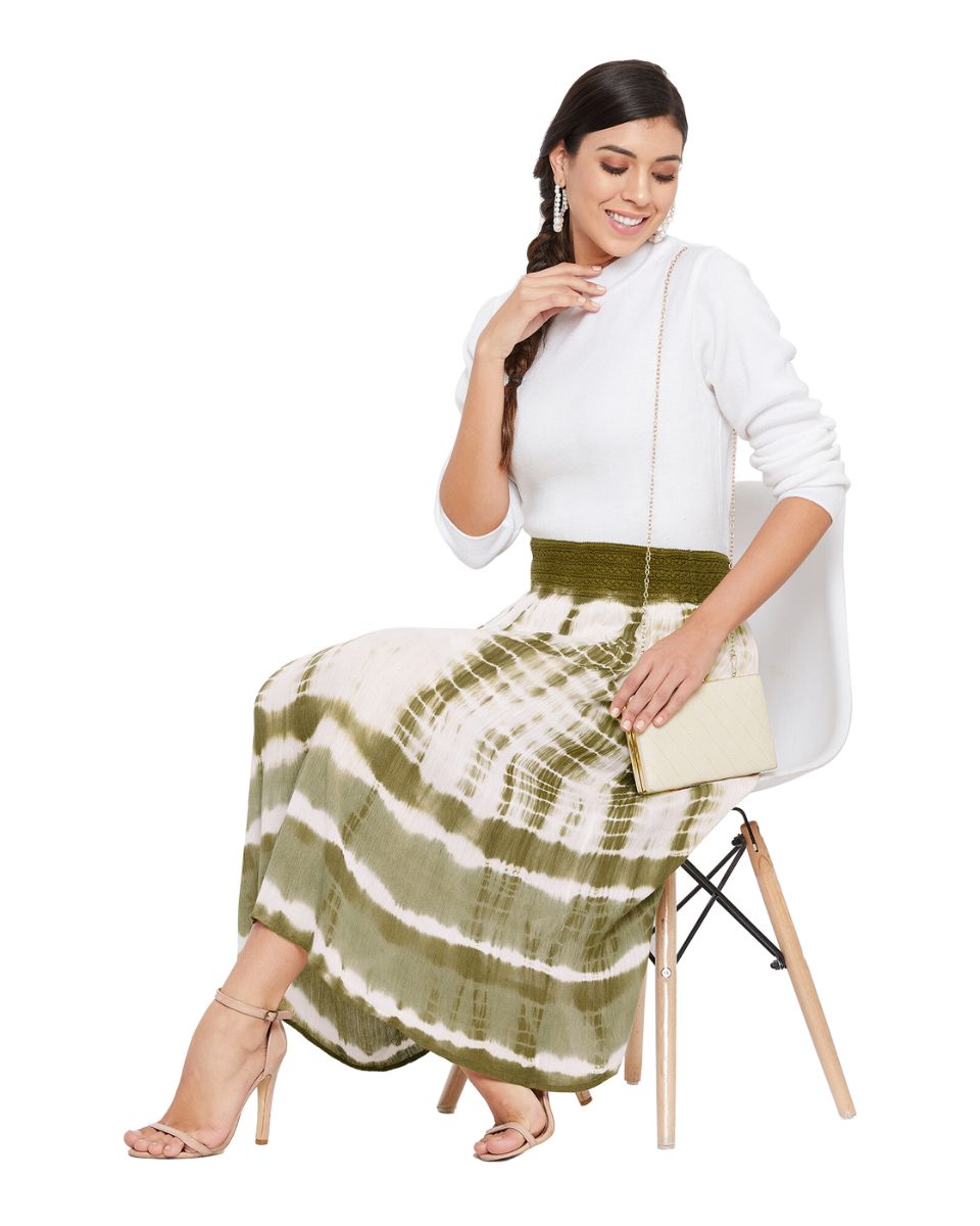 Olive Elastic Waist Stripped Tie Dye Polyester Midi Skirt For Women