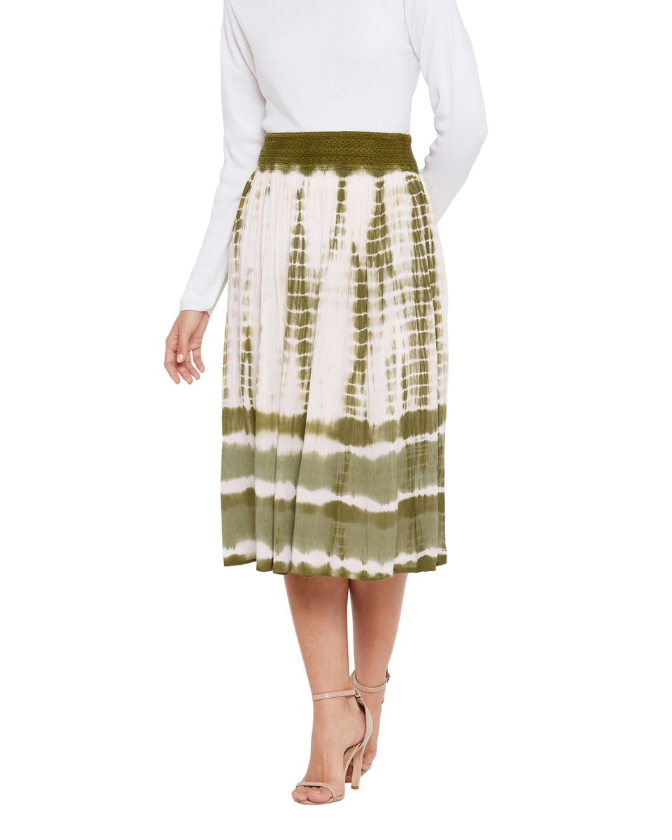 Olive Elastic Waist Stripped Tie Dye Polyester Midi Skirt For Women