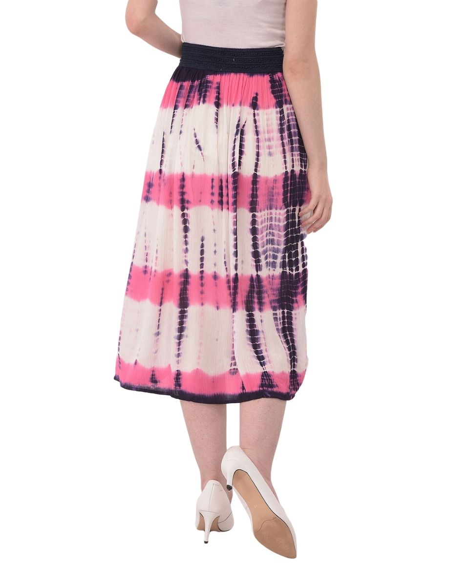 Pink Polyester Elastic Waist Stripped Midi Skirt For Women