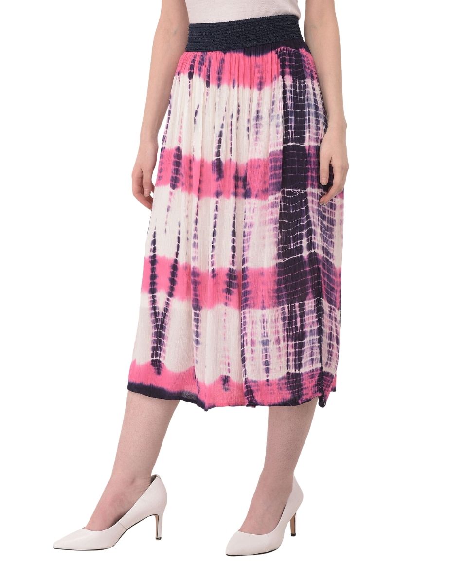 Pink Polyester Elastic Waist Stripped Midi Skirt For Women