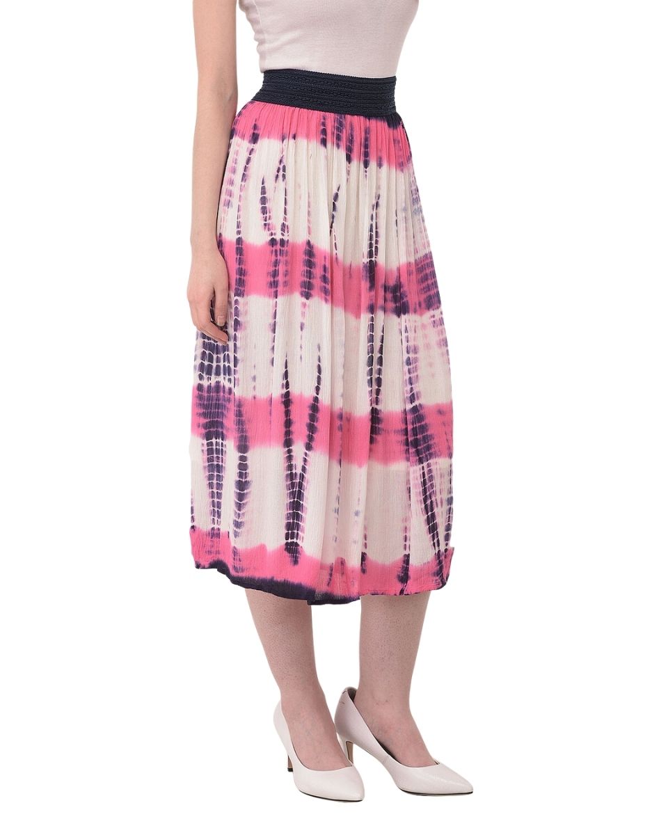 Pink Polyester Elastic Waist Stripped Midi Skirt For Women