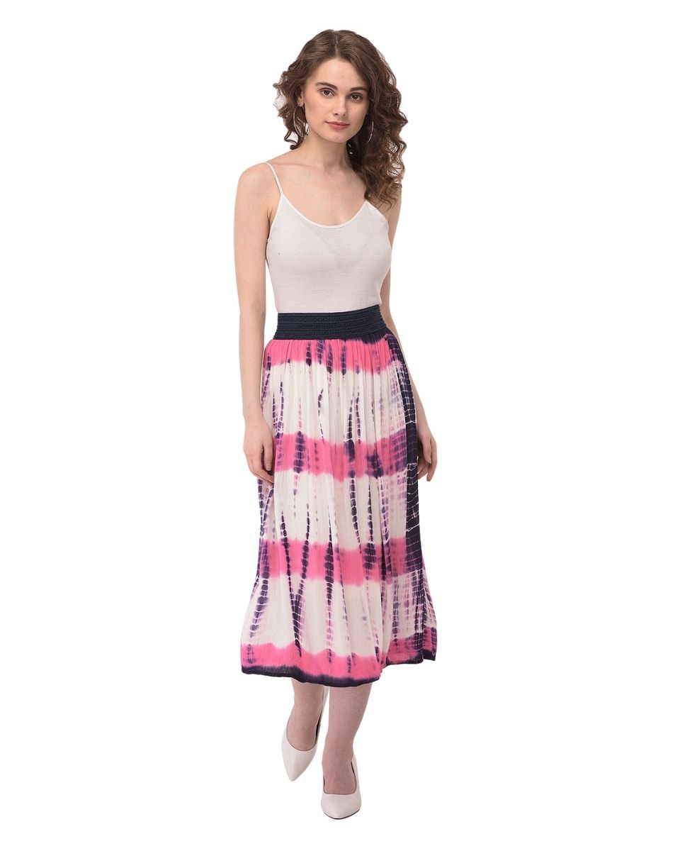 Pink Polyester Elastic Waist Stripped Midi Skirt For Women