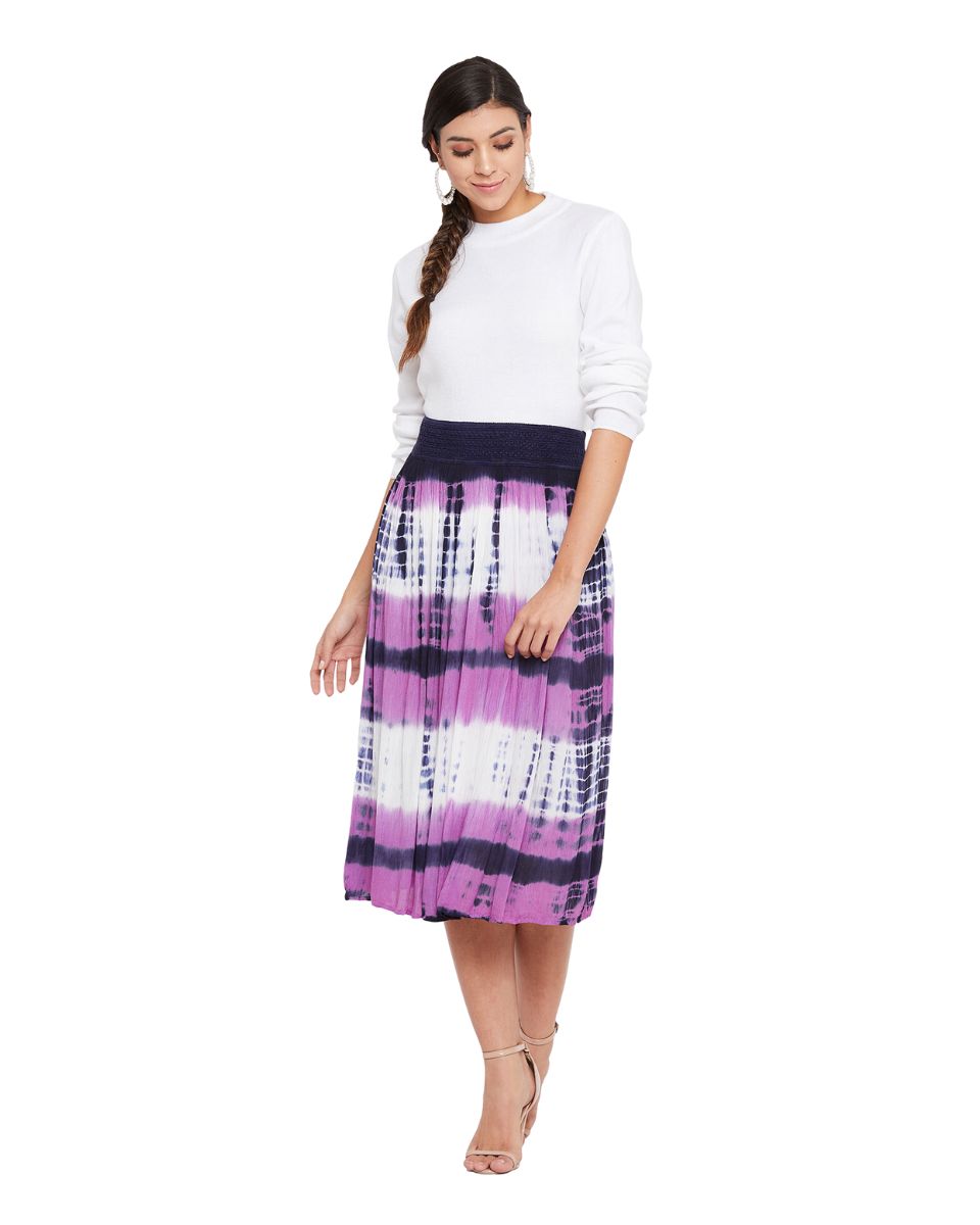 Purple Elastic Waist Stripped Tie Dye Rayon Midi Skirt For Women