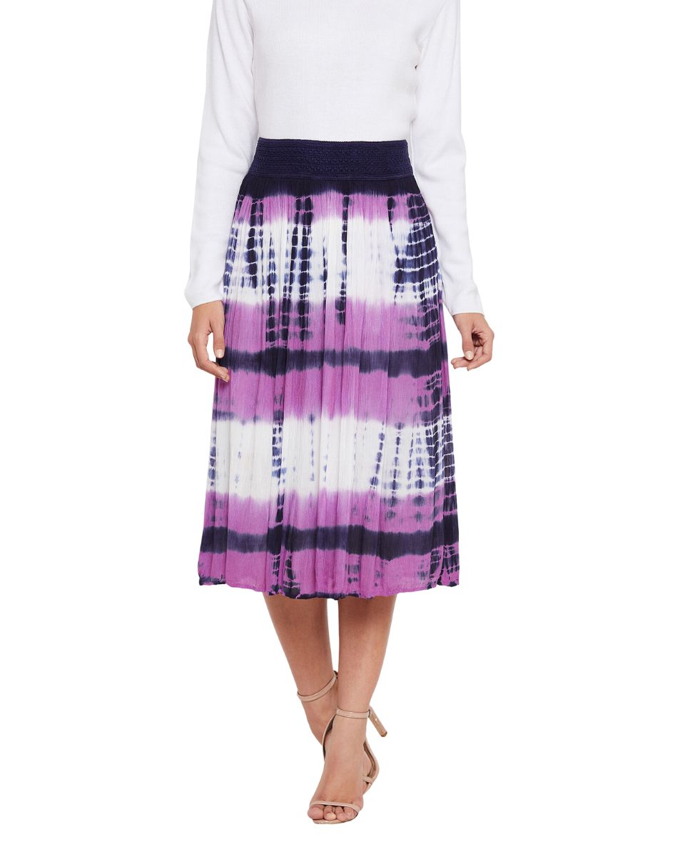 Purple Elastic Waist Stripped Tie Dye Rayon Midi Skirt For Women