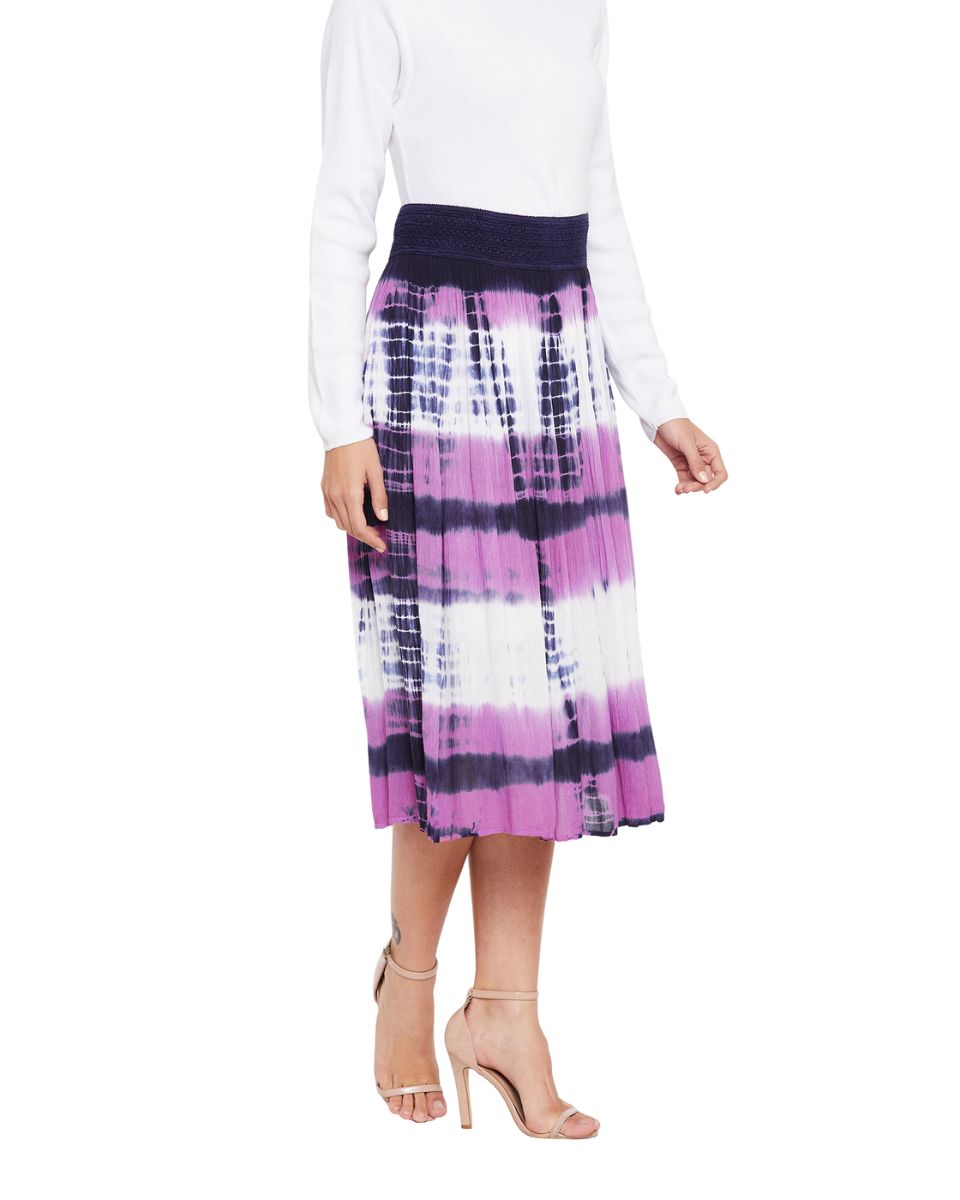 Purple Elastic Waist Stripped Tie Dye Rayon Midi Skirt For Women