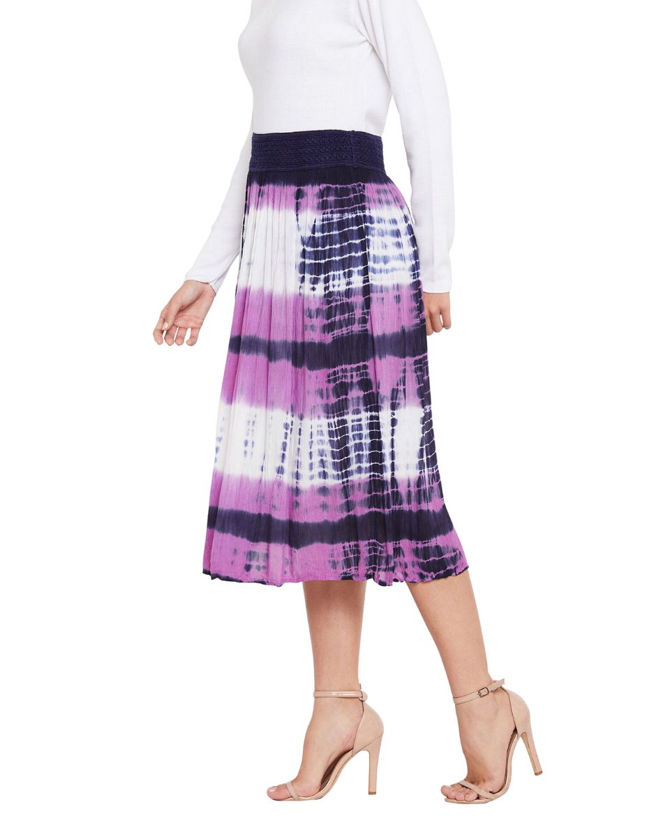 Purple Elastic Waist Stripped Tie Dye Rayon Midi Skirt For Women