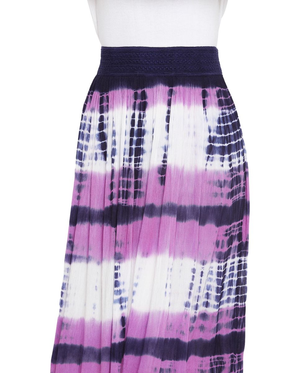 Purple Elastic Waist Stripped Tie Dye Rayon Midi Skirt For Women