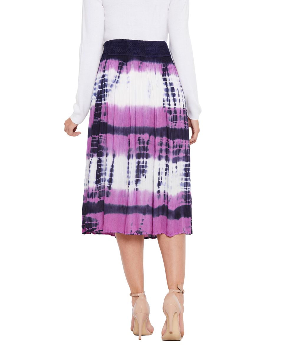 Purple Elastic Waist Stripped Tie Dye Rayon Midi Skirt For Women