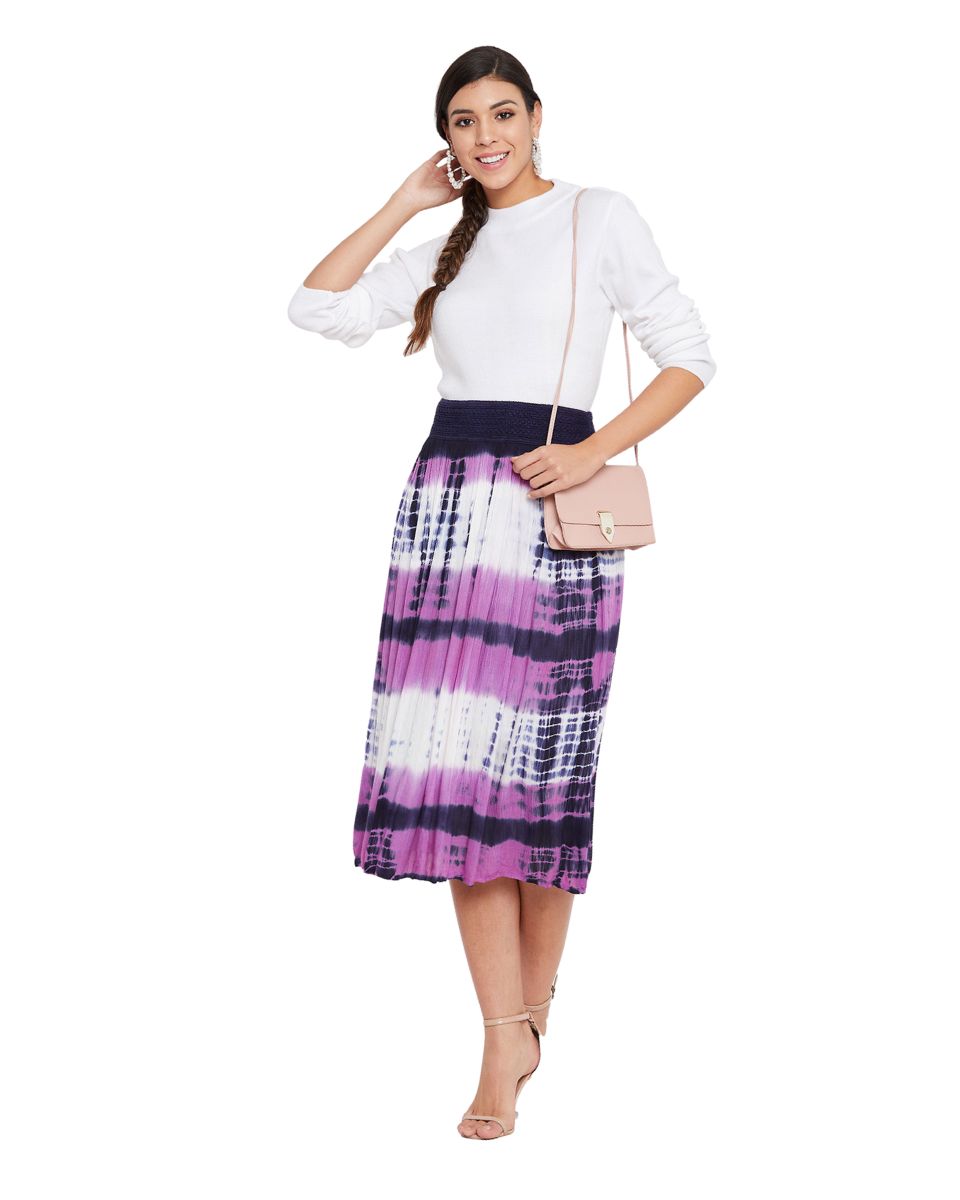 Purple Elastic Waist Stripped Tie Dye Rayon Midi Skirt For Women