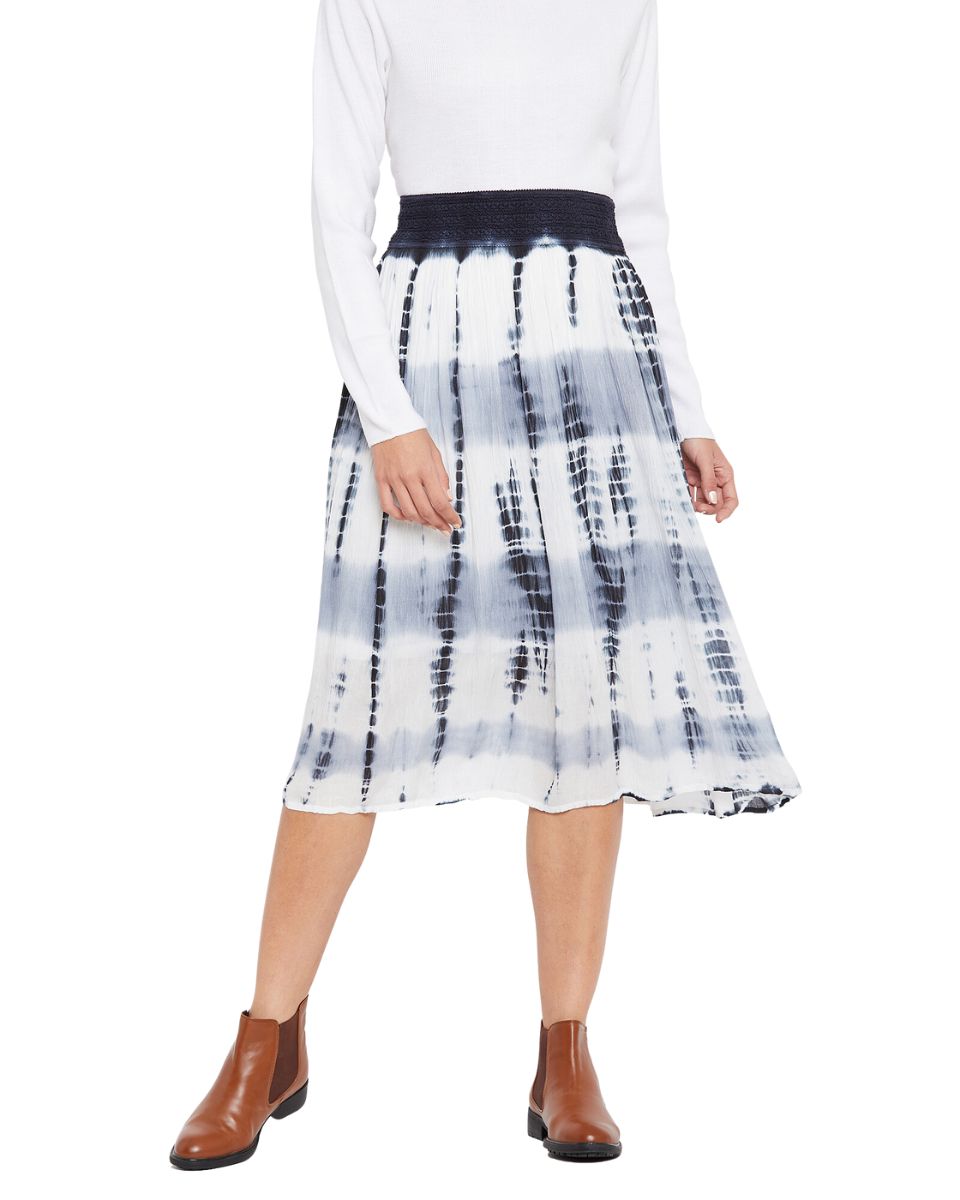 Tie Dye Gray Elastic Waist Stripped Rayon Midi Skirt For Women