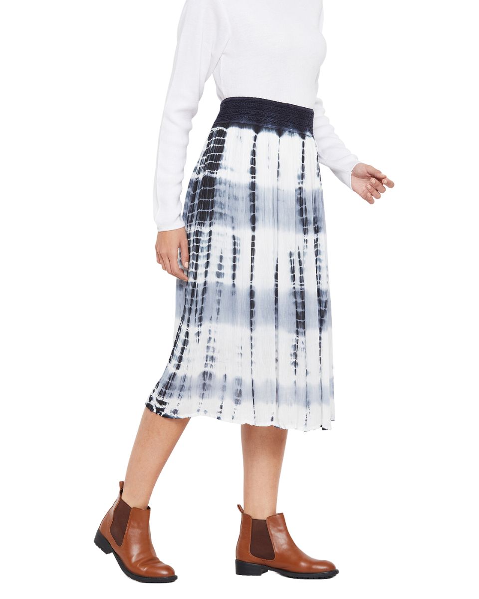 Tie Dye Gray Elastic Waist Stripped Rayon Midi Skirt For Women