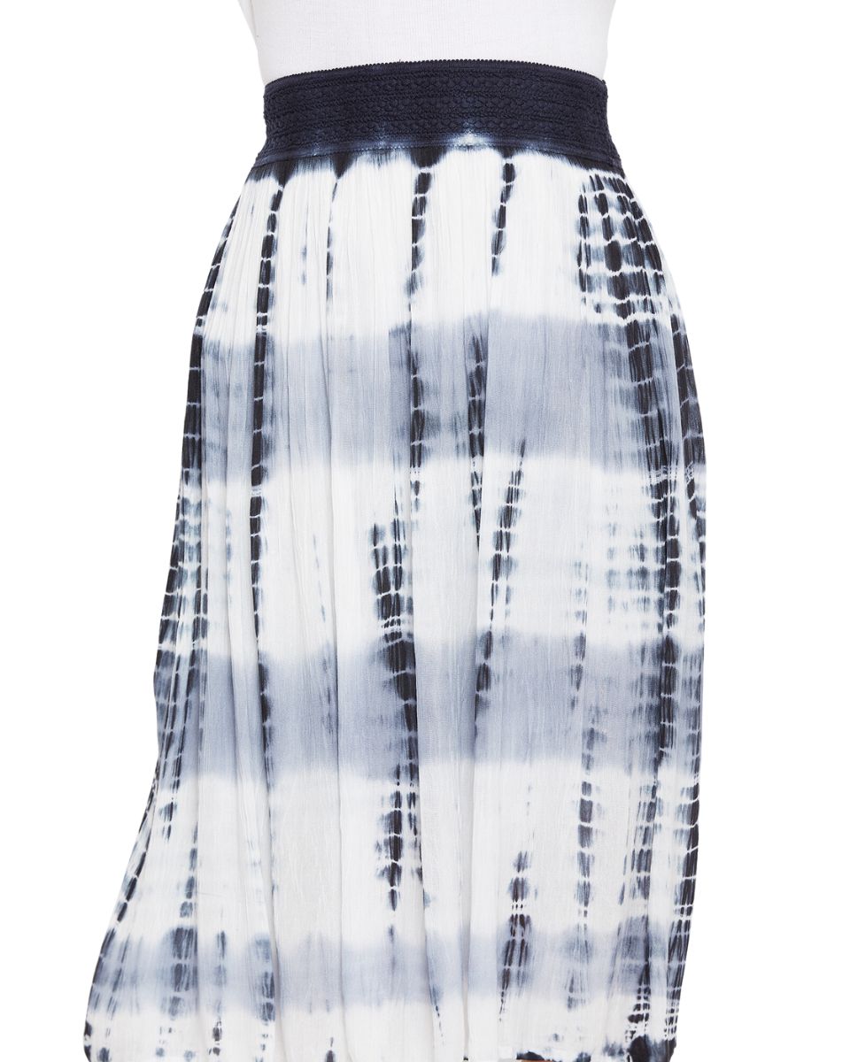 Tie Dye Gray Elastic Waist Stripped Rayon Midi Skirt For Women