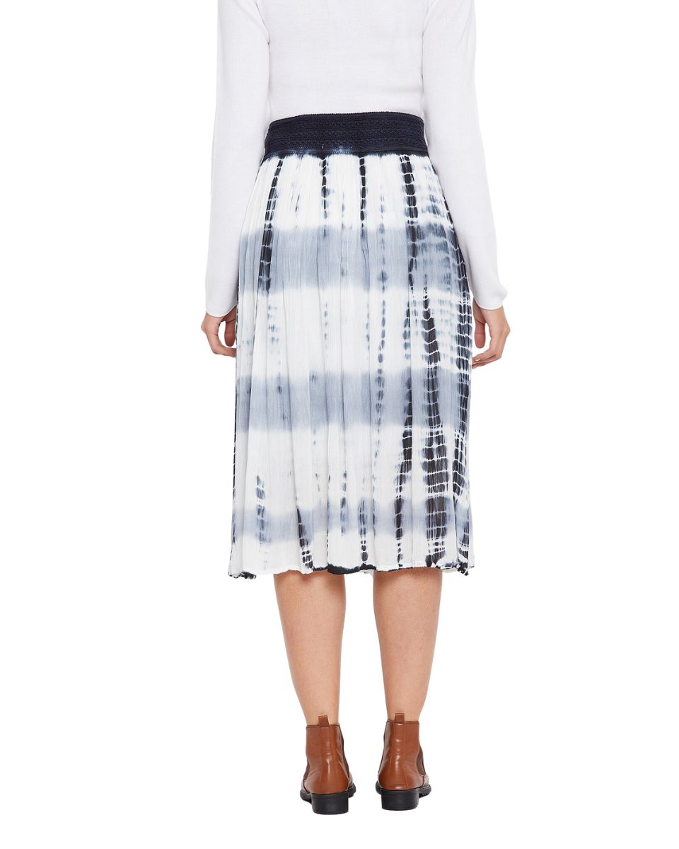 Tie Dye Gray Elastic Waist Stripped Rayon Midi Skirt For Women