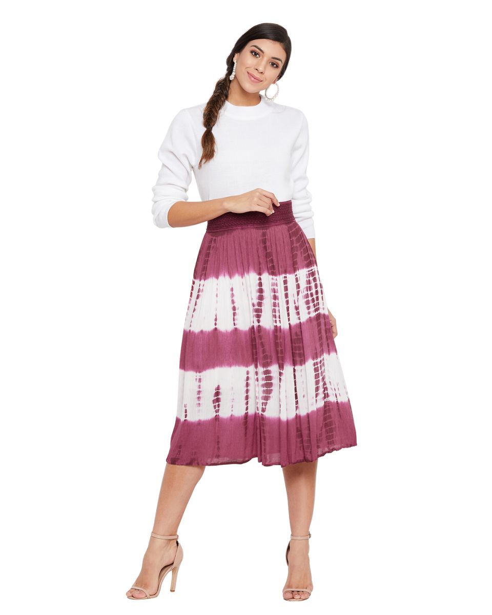 Tie Dye Maroon Elastic Waist Stripped Rayon Midi Skirt For Women