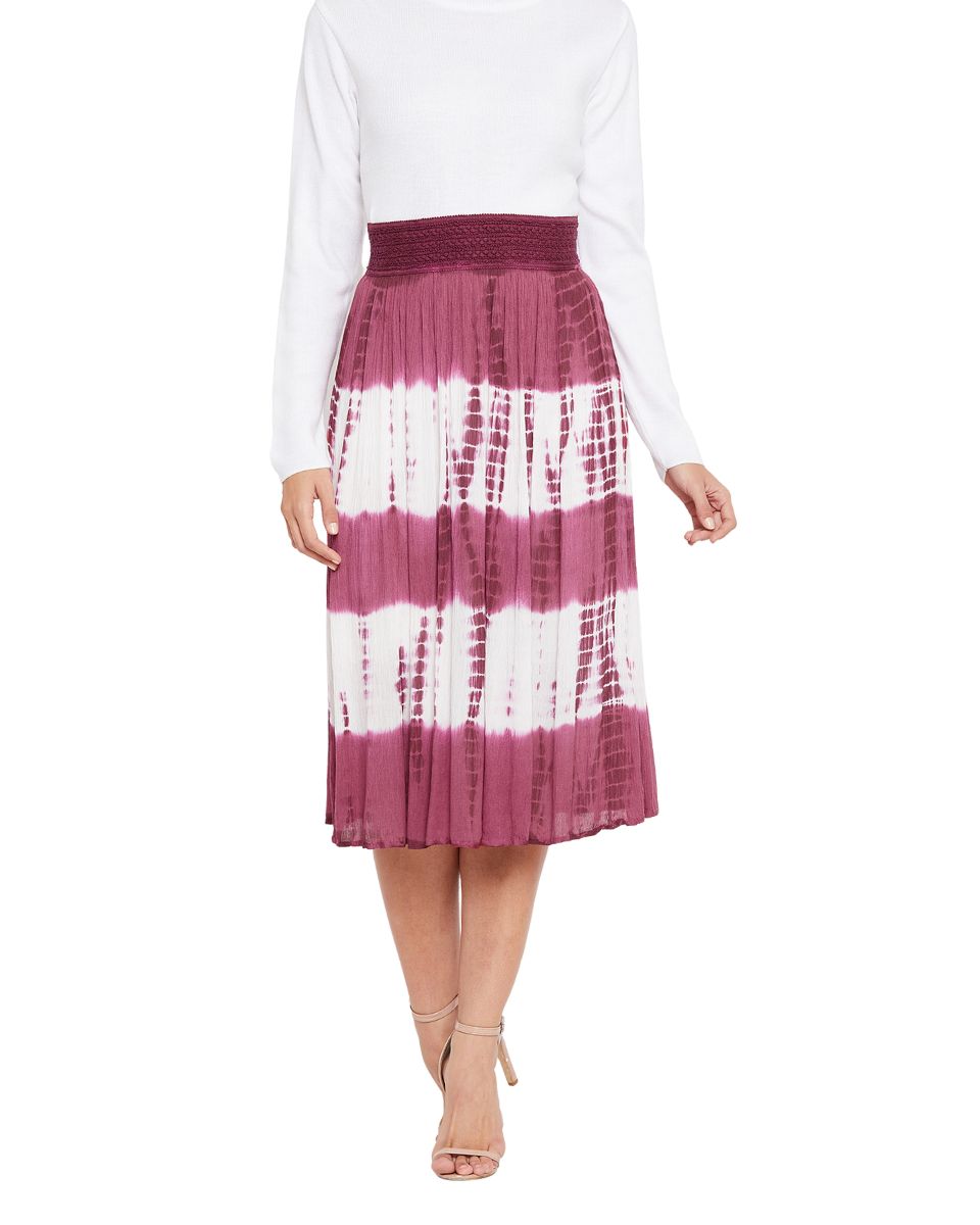 Tie Dye Maroon Elastic Waist Stripped Rayon Midi Skirt For Women