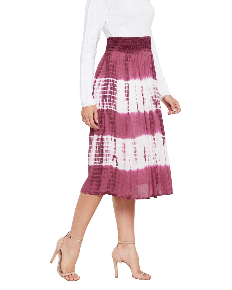 Tie Dye Maroon Elastic Waist Stripped Rayon Midi Skirt For Women