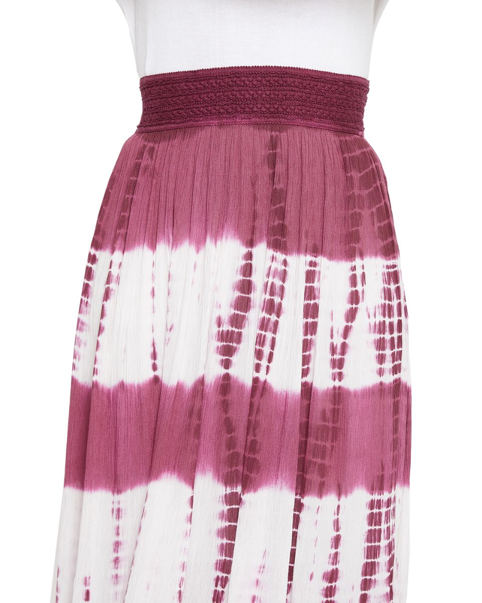 Tie Dye Maroon Elastic Waist Stripped Rayon Midi Skirt For Women