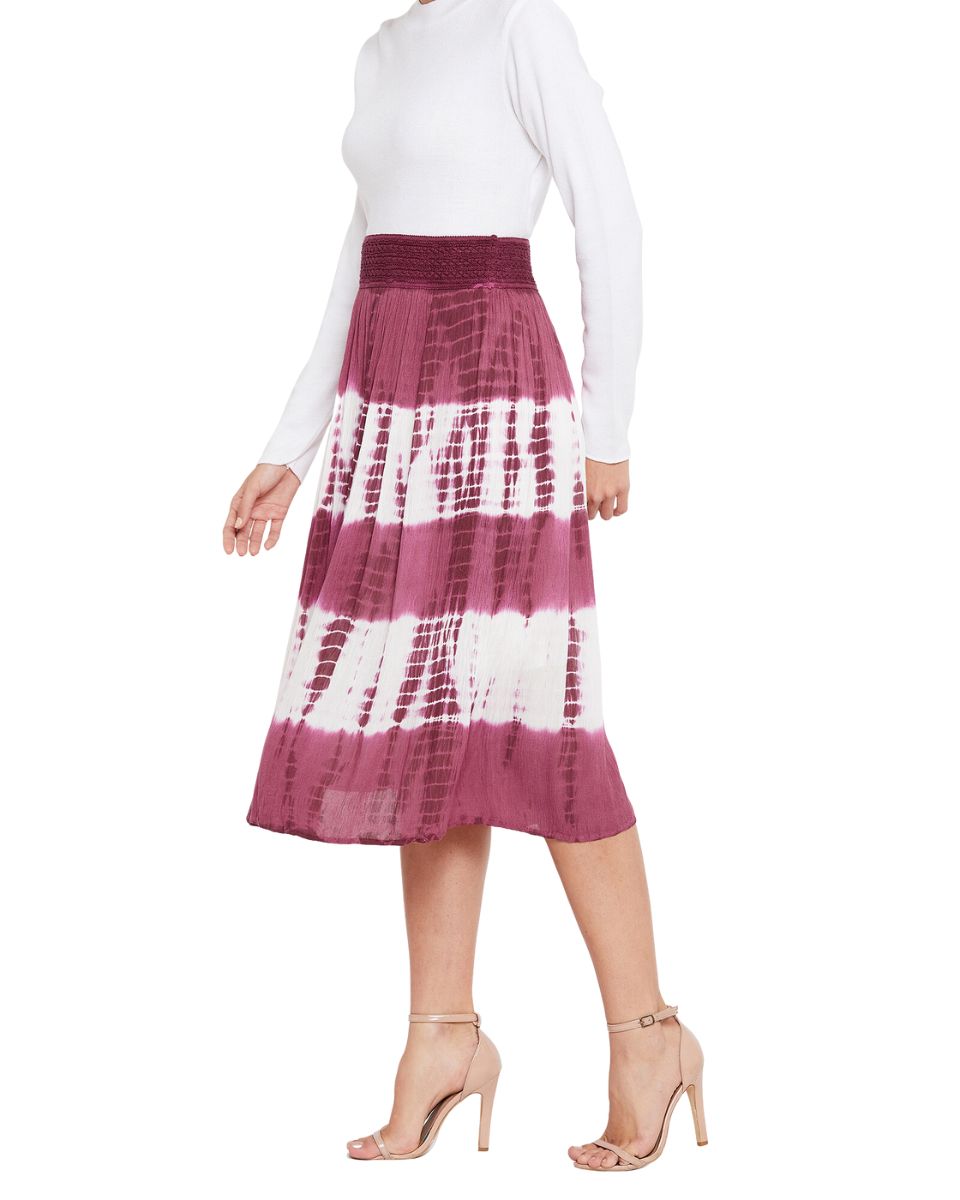 Tie Dye Maroon Elastic Waist Stripped Rayon Midi Skirt For Women