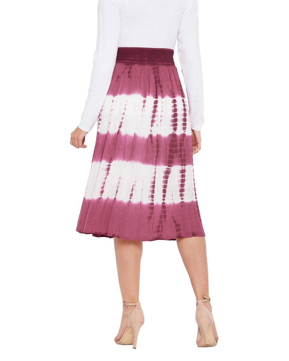 Tie Dye Maroon Elastic Waist Stripped Rayon Midi Skirt For Women