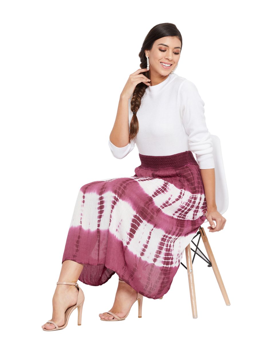 Tie Dye Maroon Elastic Waist Stripped Rayon Midi Skirt For Women