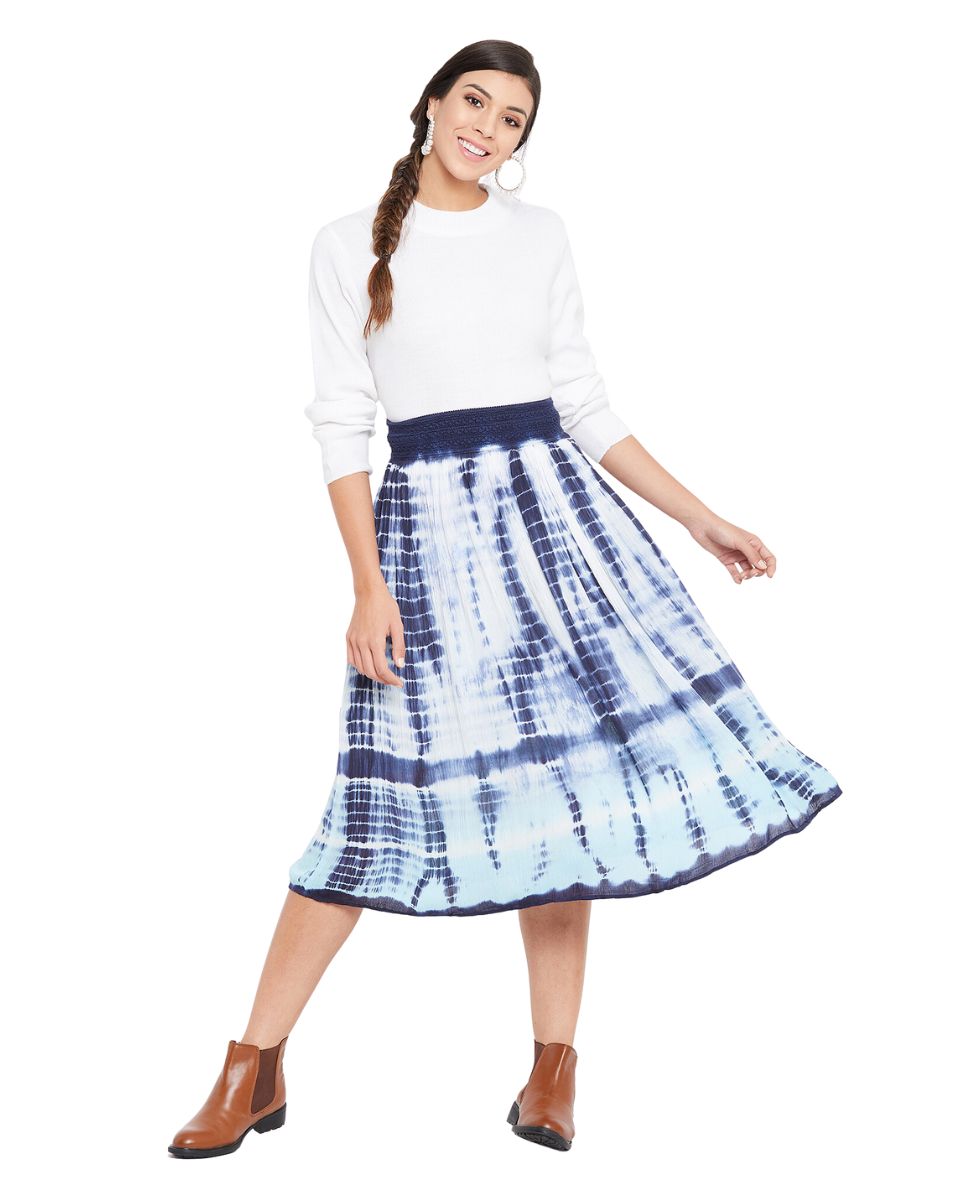 White Tie Dye Elastic Waist Stripped Rayon Midi Skirt For Women