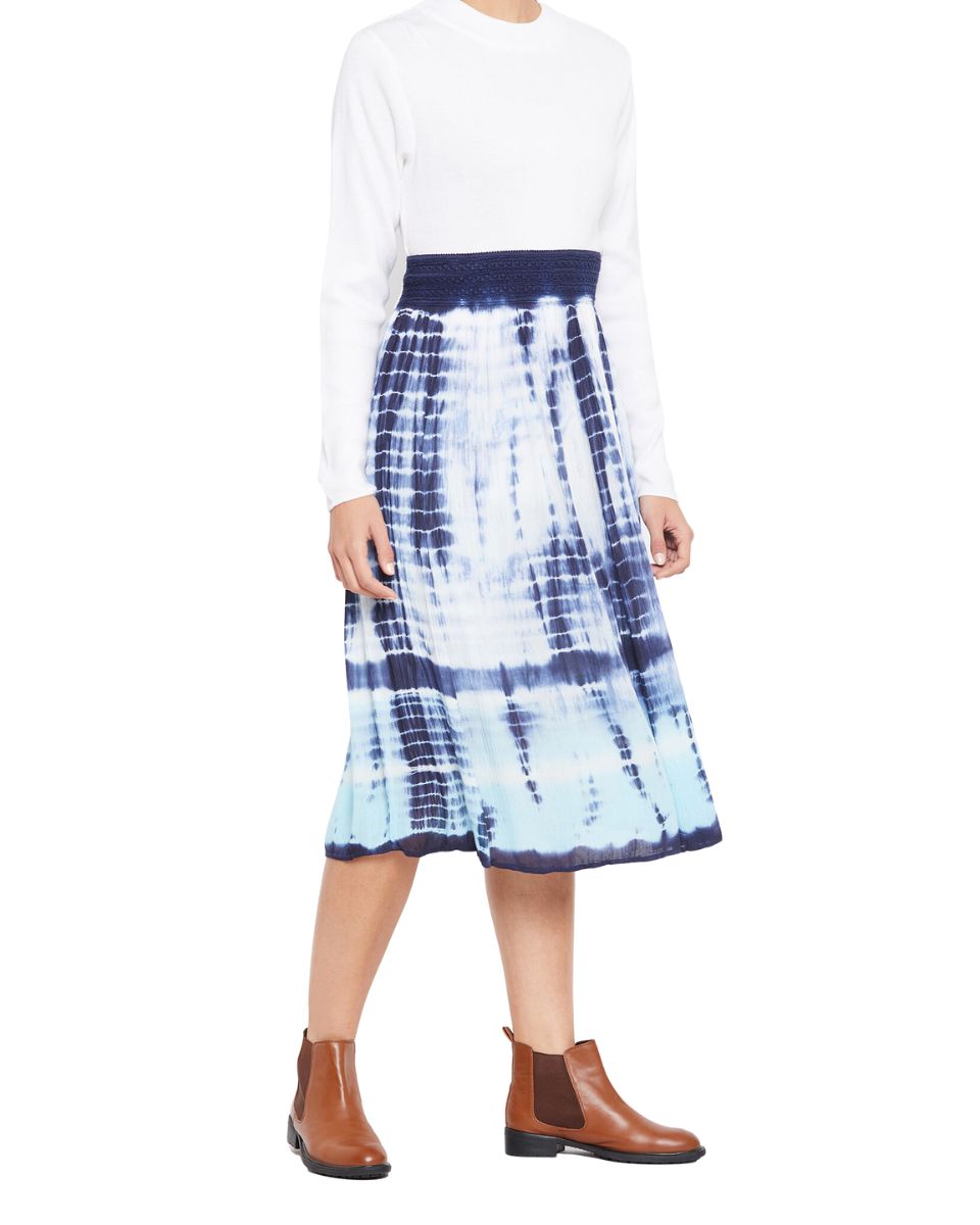 White Tie Dye Elastic Waist Stripped Rayon Midi Skirt For Women