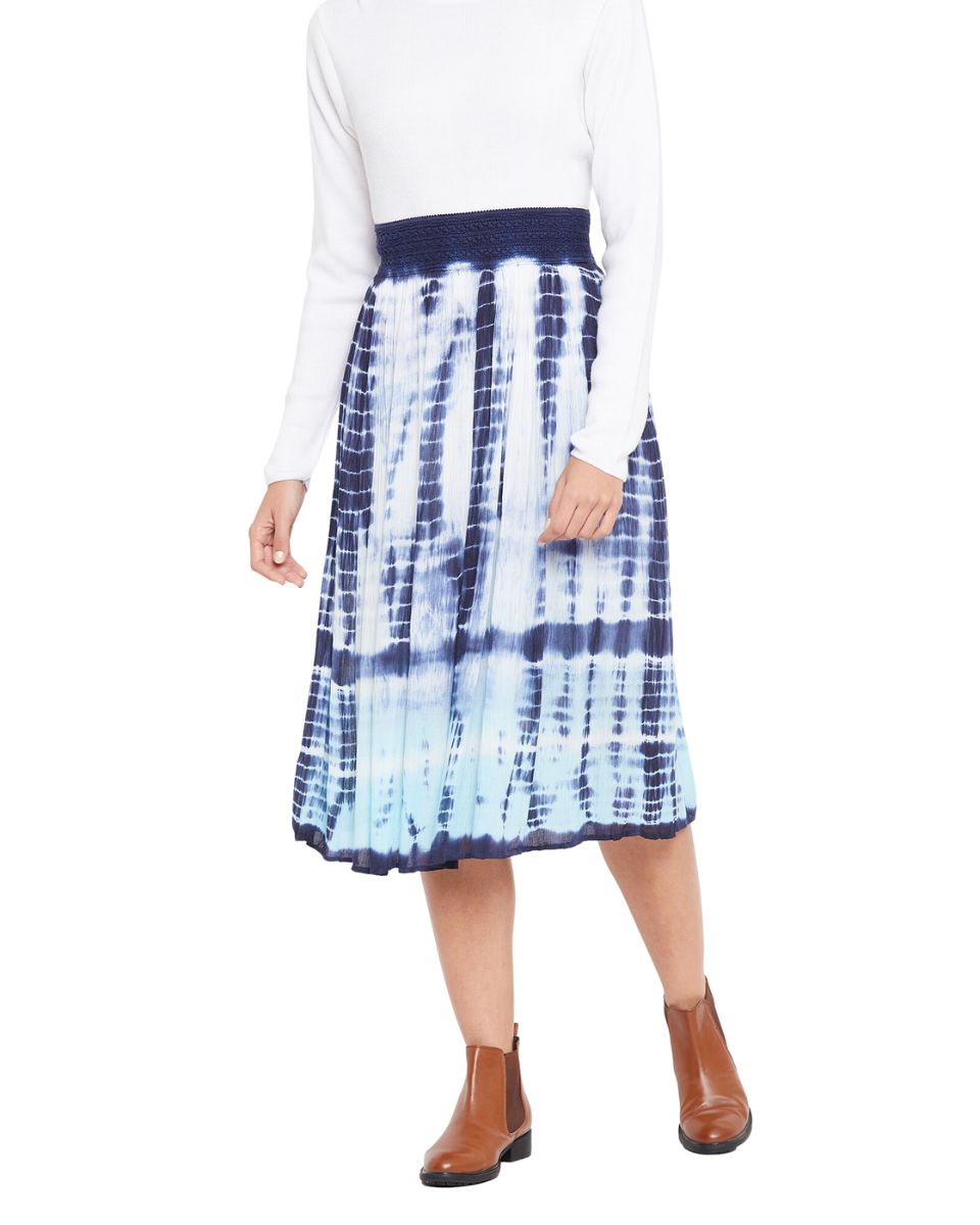 White Tie Dye Elastic Waist Stripped Rayon Midi Skirt For Women