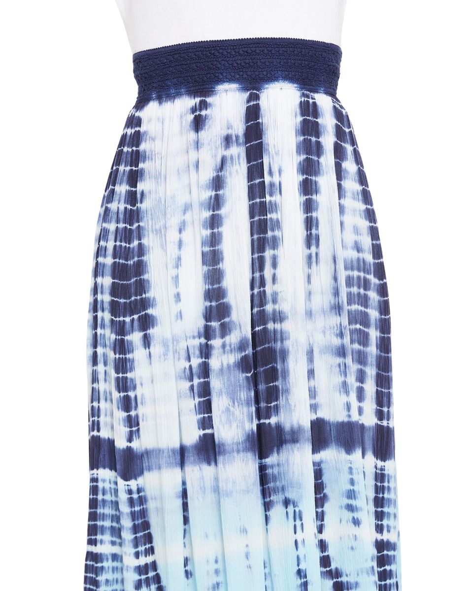 White Tie Dye Elastic Waist Stripped Rayon Midi Skirt For Women