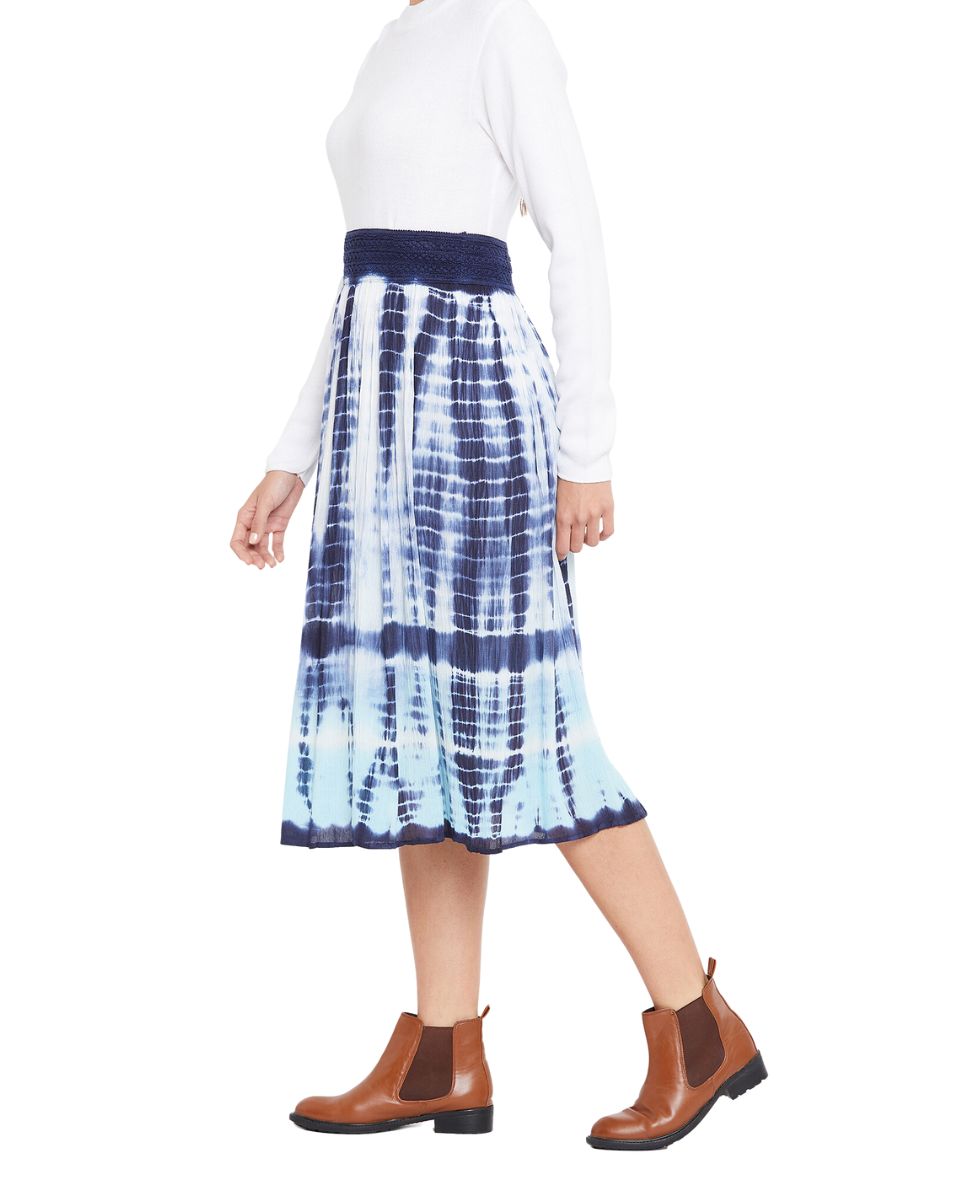 White Tie Dye Elastic Waist Stripped Rayon Midi Skirt For Women