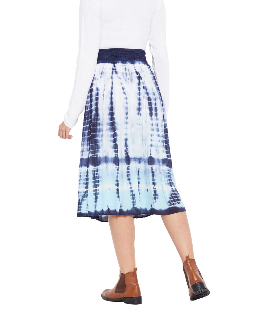 White Tie Dye Elastic Waist Stripped Rayon Midi Skirt For Women