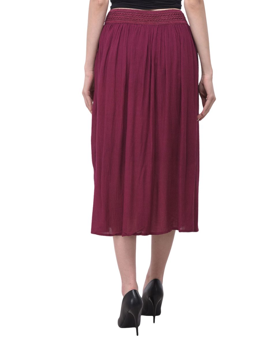 Plum Solid Rayon Gauze Pattern Skirt For Women