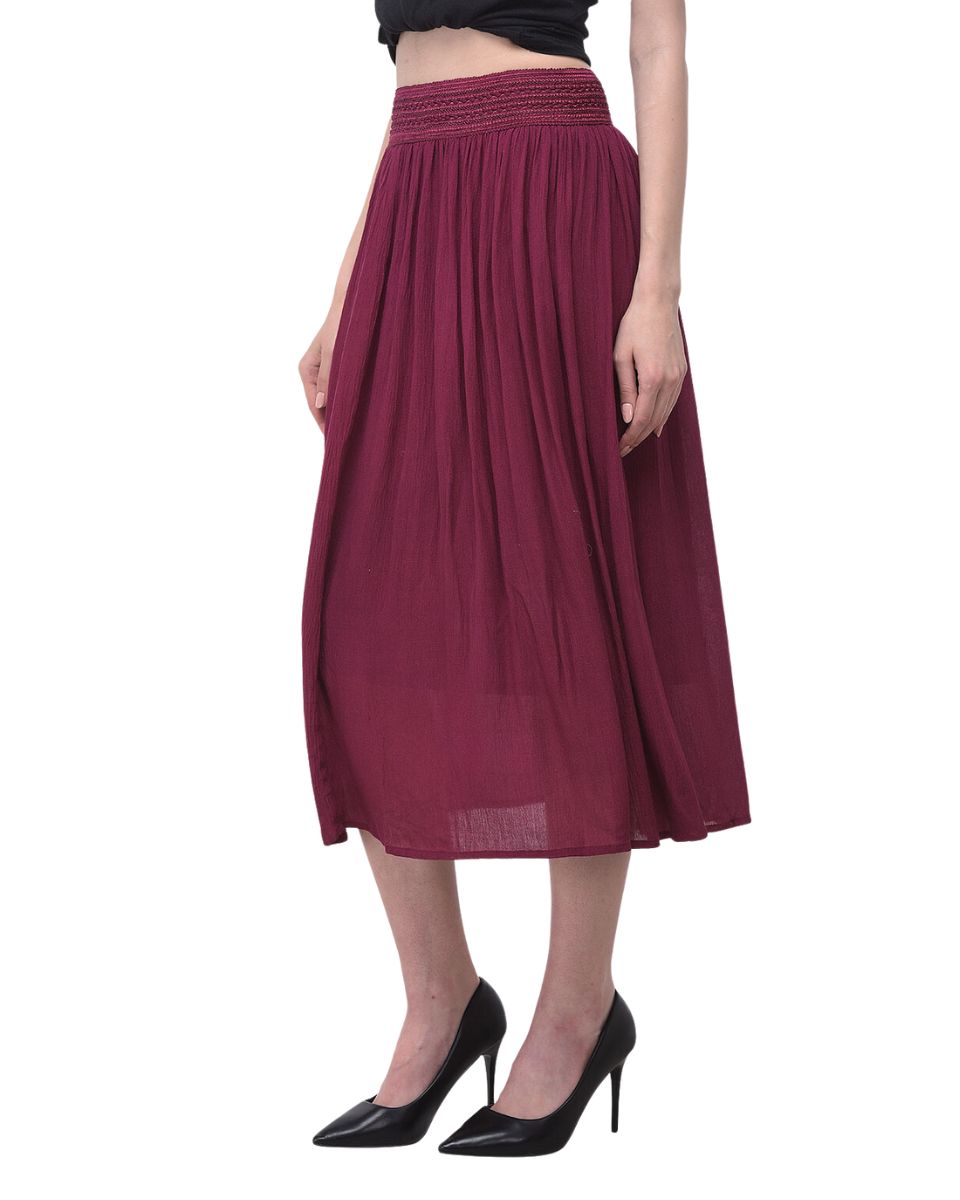 Plum Solid Rayon Gauze Pattern Skirt For Women