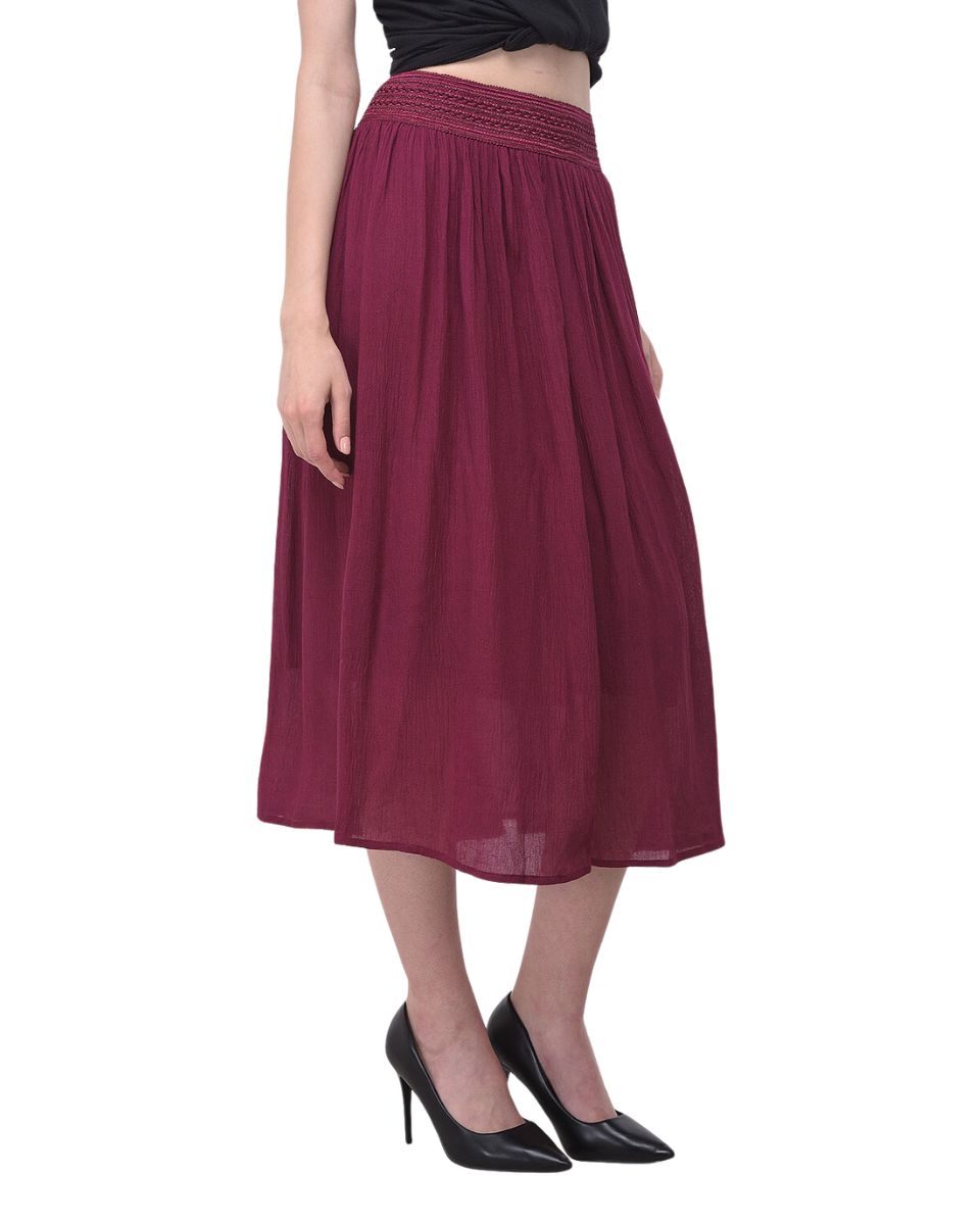 Plum Solid Rayon Gauze Pattern Skirt For Women