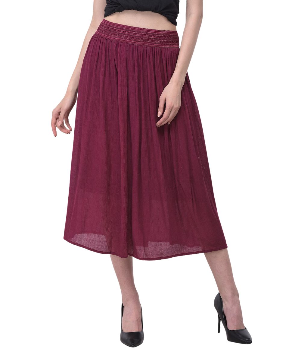 Plum Solid Rayon Gauze Pattern Skirt For Women