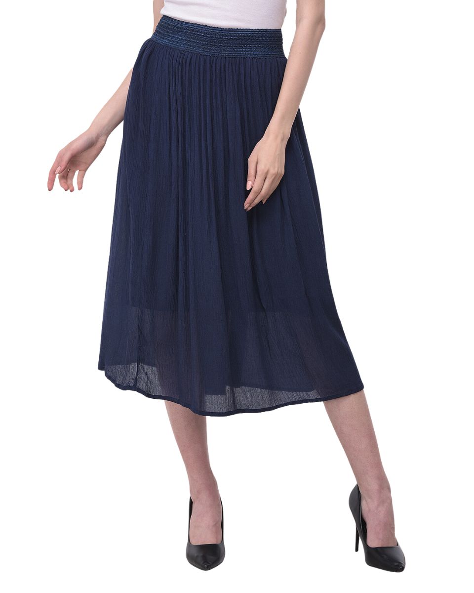 Navy Blue Rayon Pleated Skirt for Women